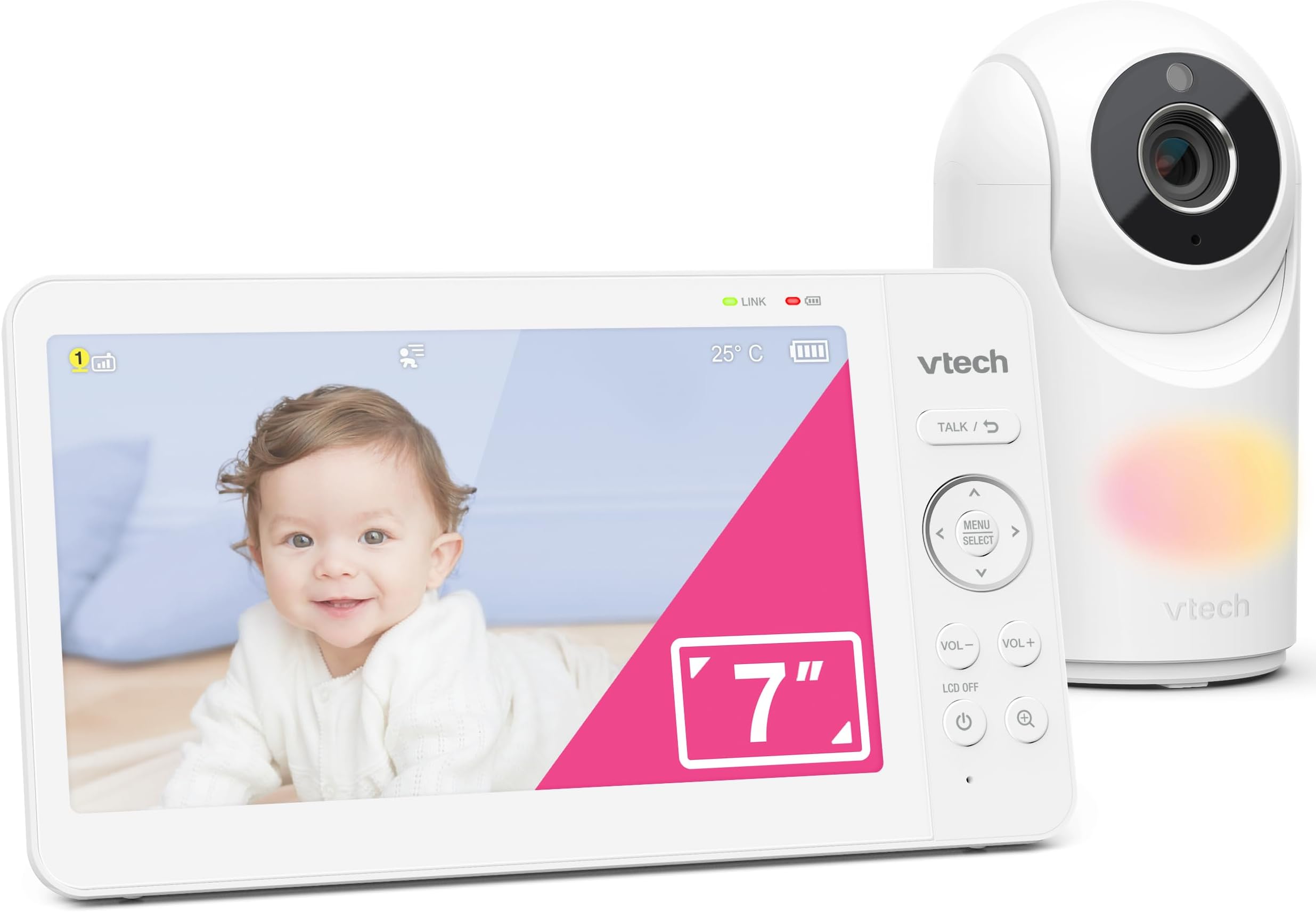 VTech VM7467 Baby Monitor with 7" LCD Screen,Remote Pan Tilt Zoom,178° Wide-Angle View,Soothing Sounds and Lullabies,Multi-Colour Night Light,2-Way Talk,Temperature Sensor,No Need Wi-Fi Network