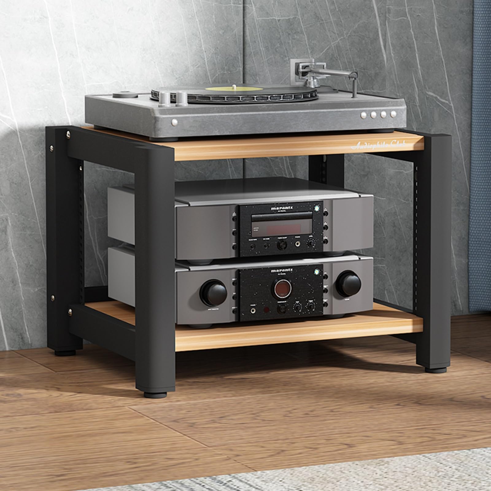 Support multimédia noir – Support audio vidéo réglable et support pour home cinéma AV stockage matériel audio rack durable avec design élégant
