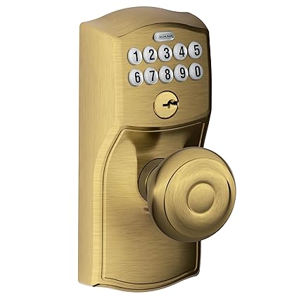 Schlage FE595 CAM 609 GEO Camelot Keypad Entry with Flex-Lock and Georgian Style Knobs, Antique Brass