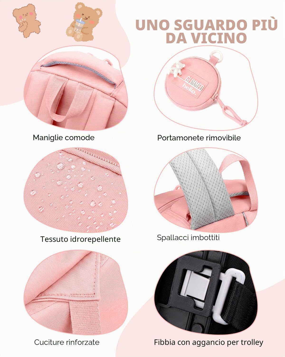 Amythe Zaino Trolley per Ragazza 9-16 Anni, Zaino Bambina Scuola Elementare con Carrello Rimovibile 6 Ruote, 21L Zaini Elementari con Rotelle per Bambine, Rosa