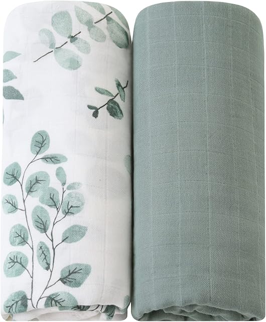 LifeTree Baby Muslin Cloths - Soft Baby Muslin Swaddle Blankets for Boys & Girls - Bamboo Cotton Large Muslin Cloths for Baby 120x120 cm, Eucalyptus Print/Roman Green
