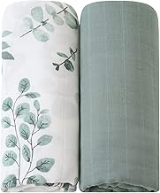LifeTree Muslin Baby Swaddle Blankets, Baby Swaddling Neutral Receiving Blanket for Boys & Girls, 70% Bamboo & 30% Cotton, Large 47 x 47 inches Eucalyptus Print/Roman Green