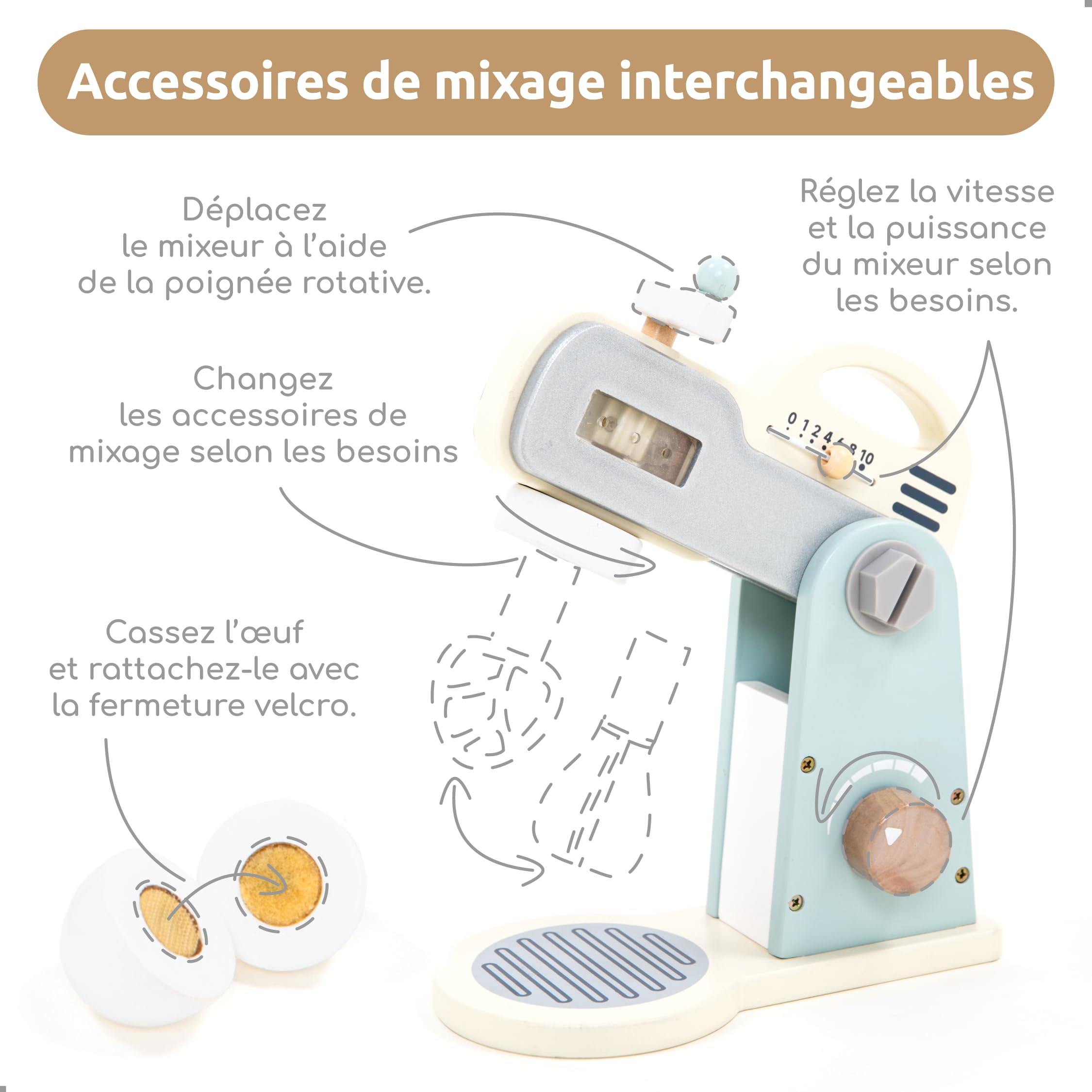 UMU® Mixer Kit de jeu en bois avec bol mélangeur, fouet, ingrédients et plus encore, ensemble de mixeur de cuisine pour enfants, 10 pièces, accessoires de cuisine pour petits chefs à partir de 3, 4, 5