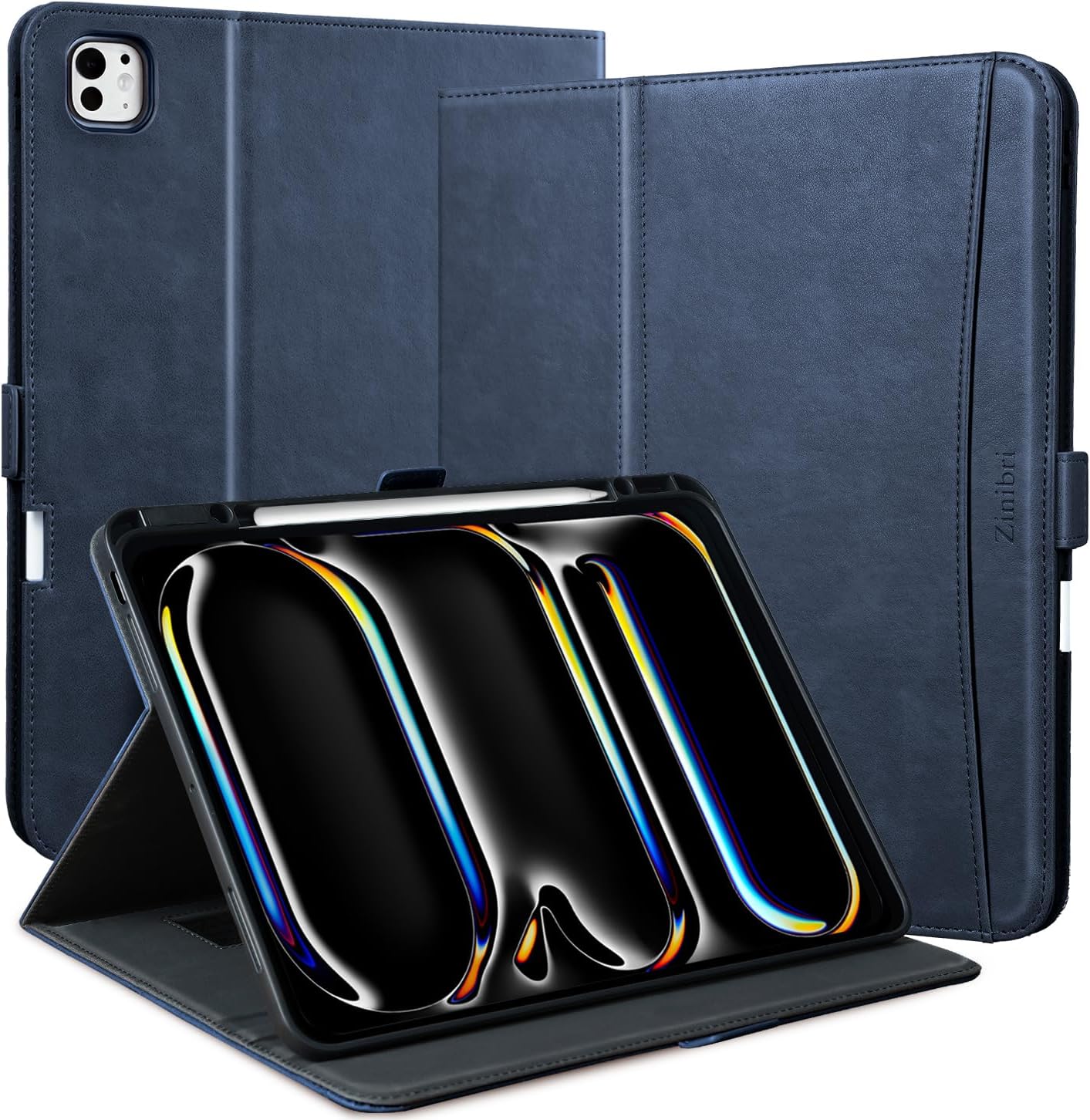 Handcrafted Case for iPad Pro 11 Inch M4 2024 A2836 A2837 with Pencil Holder & Hand Strap & Pocket,Magnetic Closure,Multi Angles Stand,PU Leather Folio Cover,Auto Sleep/Wake,Dark Blue