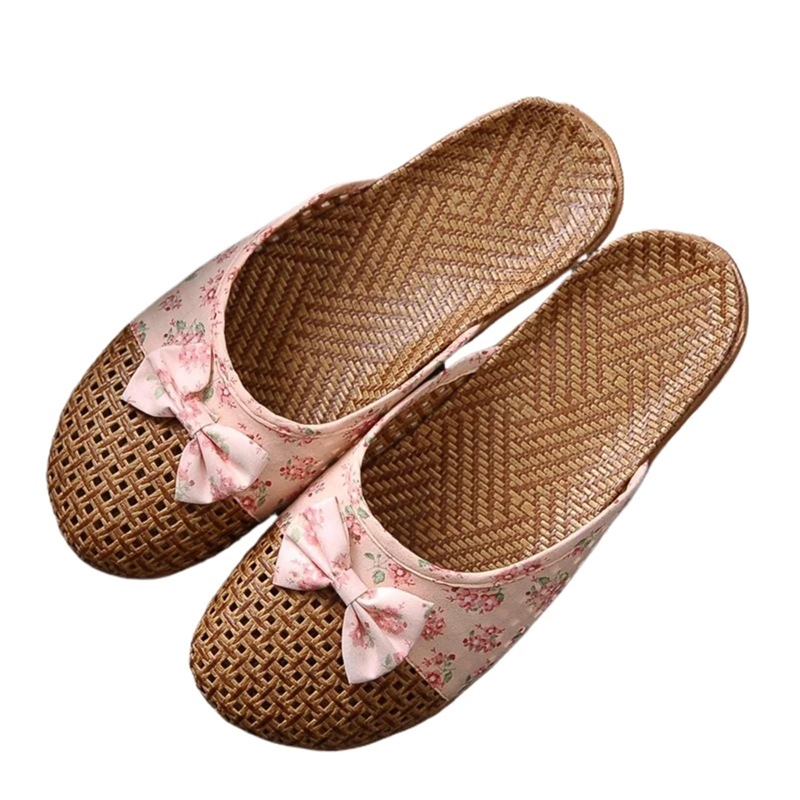 ERHTGUO Women's Breathable Linen Slippers Soft Sole Indoor For All Seasons Simple Versatile Home Wear Sandals(Flower pink,35-36)