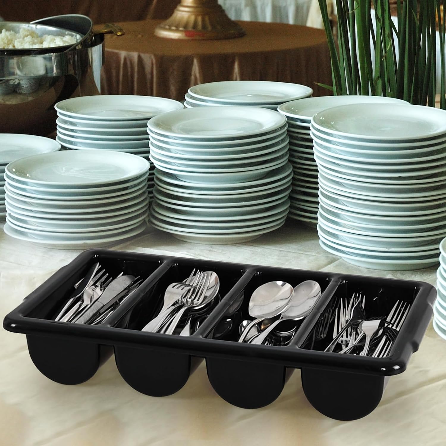 4 Compartments Plastic Silverware Holder Trays, Large Commercial Cutlery Organizer, Black, 4 Pack