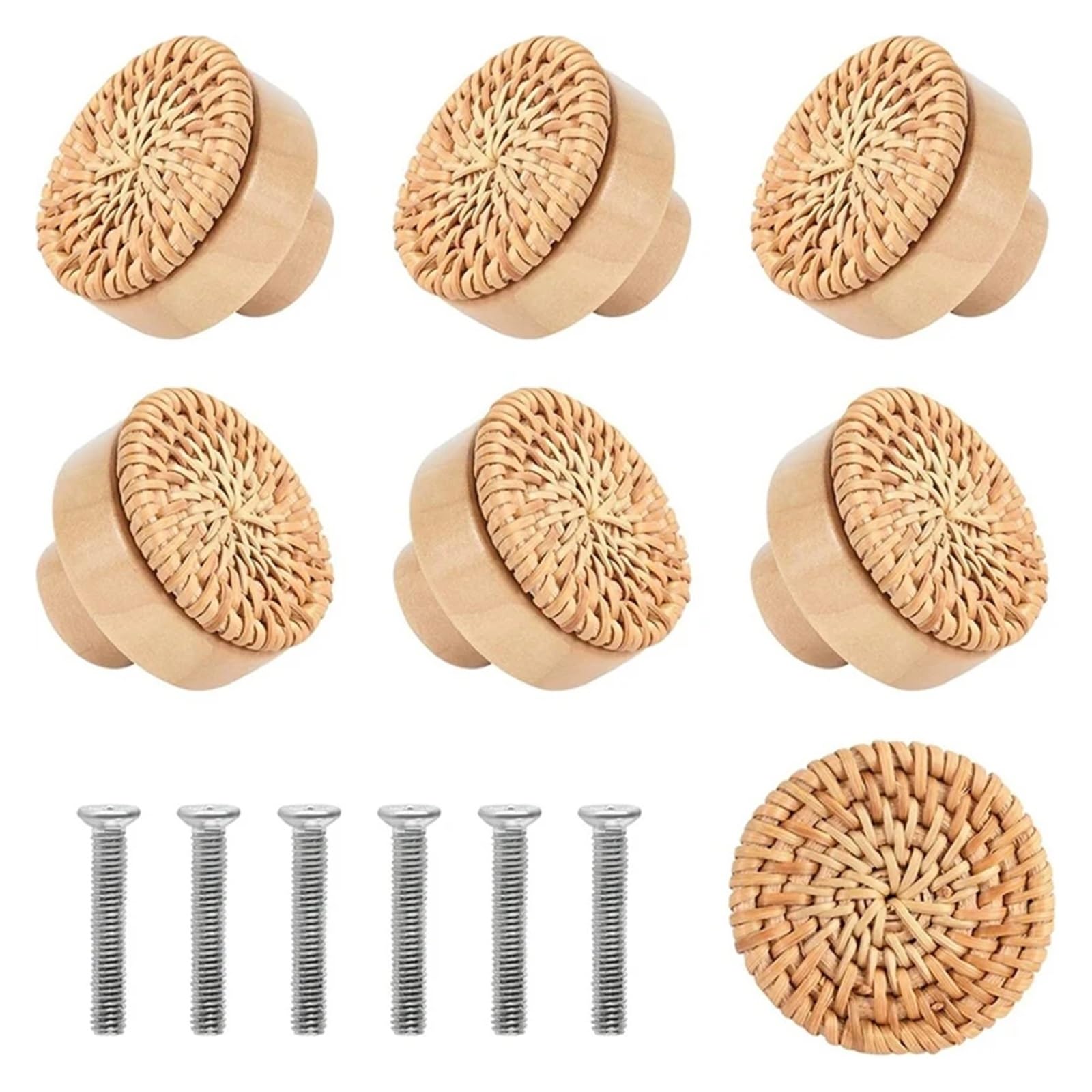 UBOHUZ 8PCS Rattan Woven Round Wooden Handle Cabinet Door Single Hole Log Color for Cupboard, Wardrobe