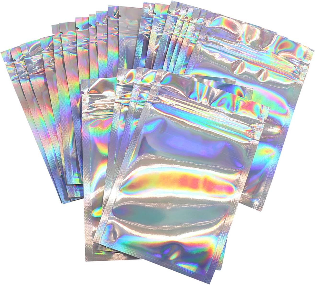 50 Pieces Zip Lock Bags, imoli Reusable Aluminum Foil Bags, Smell Proof Waterproof Foil Bags, Resealable Flat Pouch Bags for Food Storage, Holographic Rainbow(4 x 6 Inches)