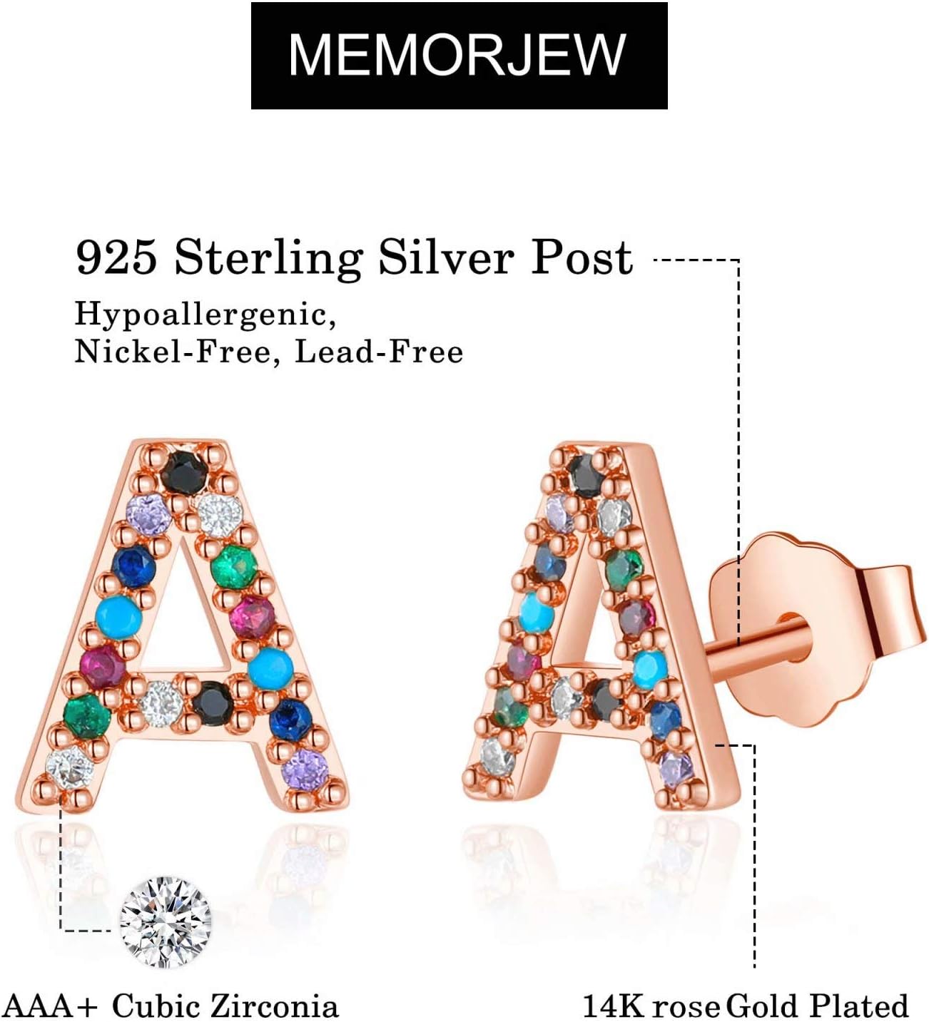 Memorjew Initial Stud Earrings for Women, Hypoallergenic 925 Sterling Silver Post Rainbow Cubic Zirconia 14K-Gold-Plated 26 Initial Earrings for Women Jewelry Gifts - Image 4