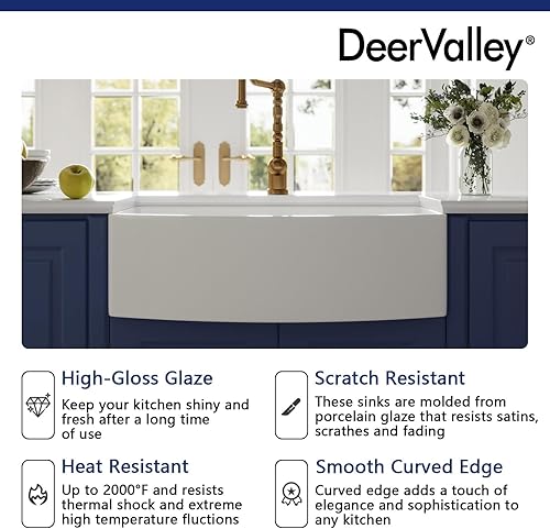Miniatura 3 de DeerValley - Fregadero blanco de granja de 33 pulgadas, con delantal curvado de arcilla refractaria, borde de arco de porcelana, fregadero de cocina