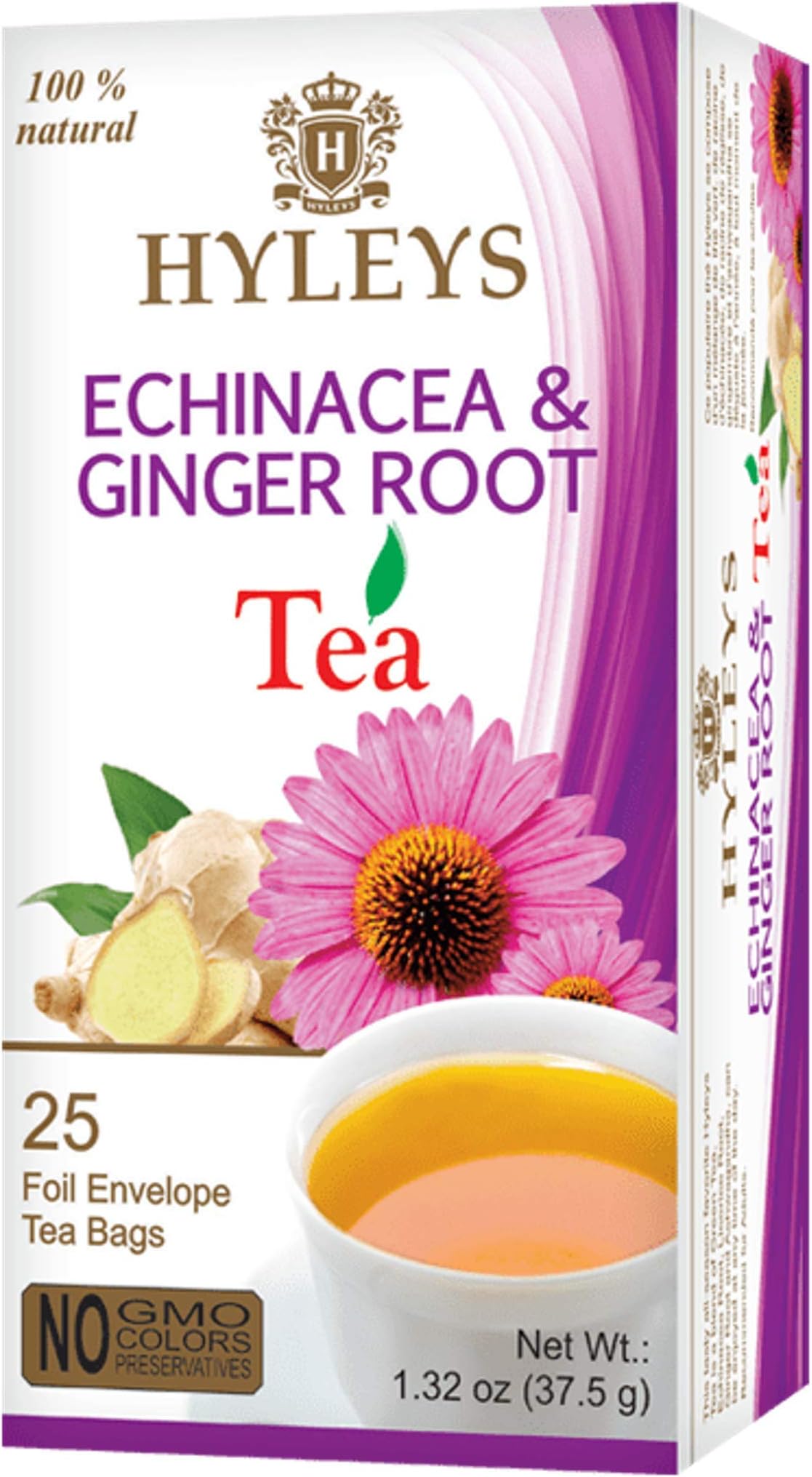 Tea Natural Echinacea & Ginger Root Green Tea - 25 Tea Bags - (100% Natural, Sugar Free, Gluten Free and Non-GMO)