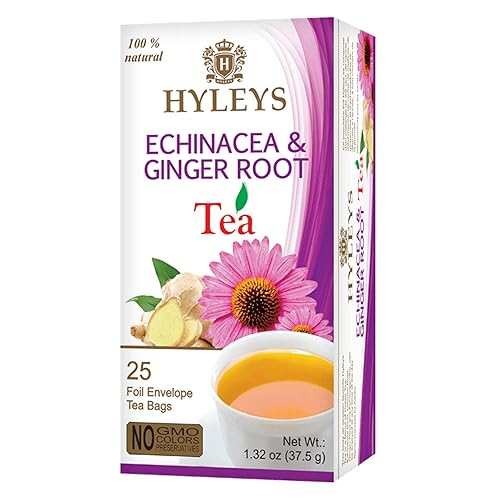 Hyleys Tea Té verde natural de equinácea y raíz de jengibre - 25 bolsas de té - (100% natural, sin azúcar, sin gluten y sin OMG)