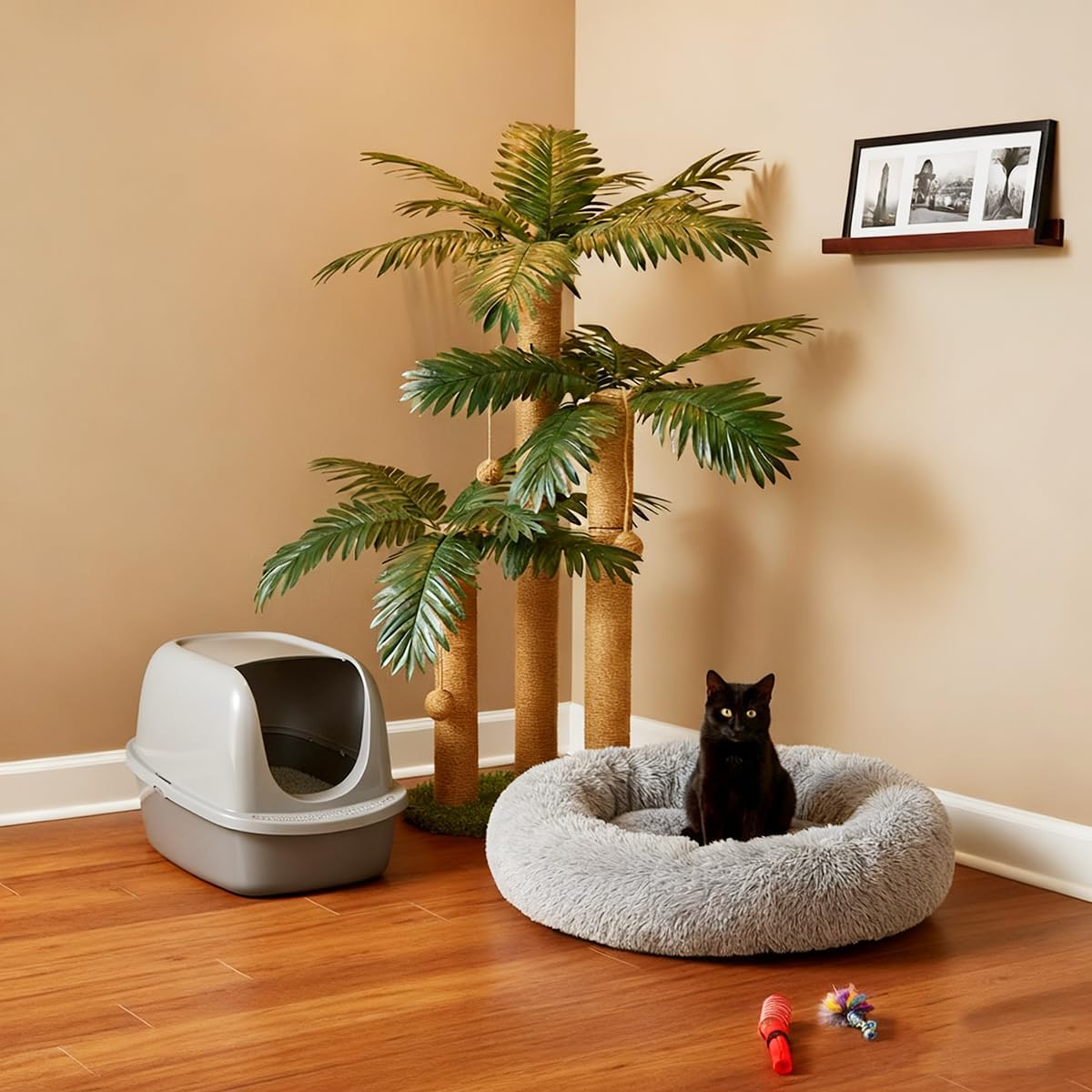 LEMONDA 31.5Inch Cat Scratching Post,Cat Scratcher Tree with 3 Scratching Poles & 2 Interactive Dangling Balls,Cats Scratching Posts for Indoor Kitten & Adult Cats