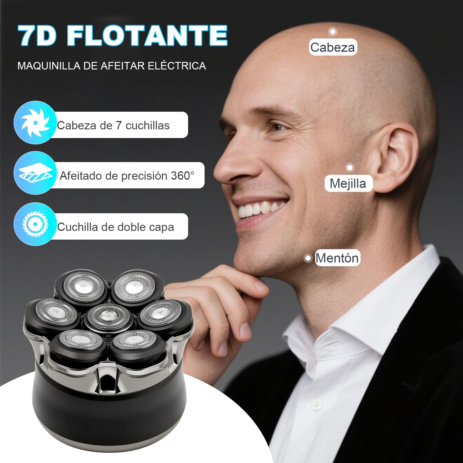 Afeitadora para Cabeza Calva electrica para Hombres Carehabi, IPX6 Resistente al Agua, Recargable, Tipo-C, Cabezal Flotante Magnético 7D, Fácil de Limpiar, Hasta 120 Minutos de Autonomía