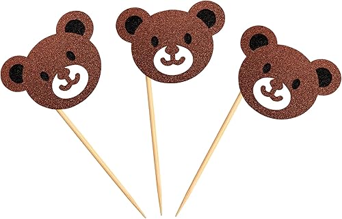 Miniatura 3 de Ercadio Paquete de 24 adornos para magdalenas con cabeza de oso, oso con purpurina, para cupcakes, con temática de animales de la selva, baby