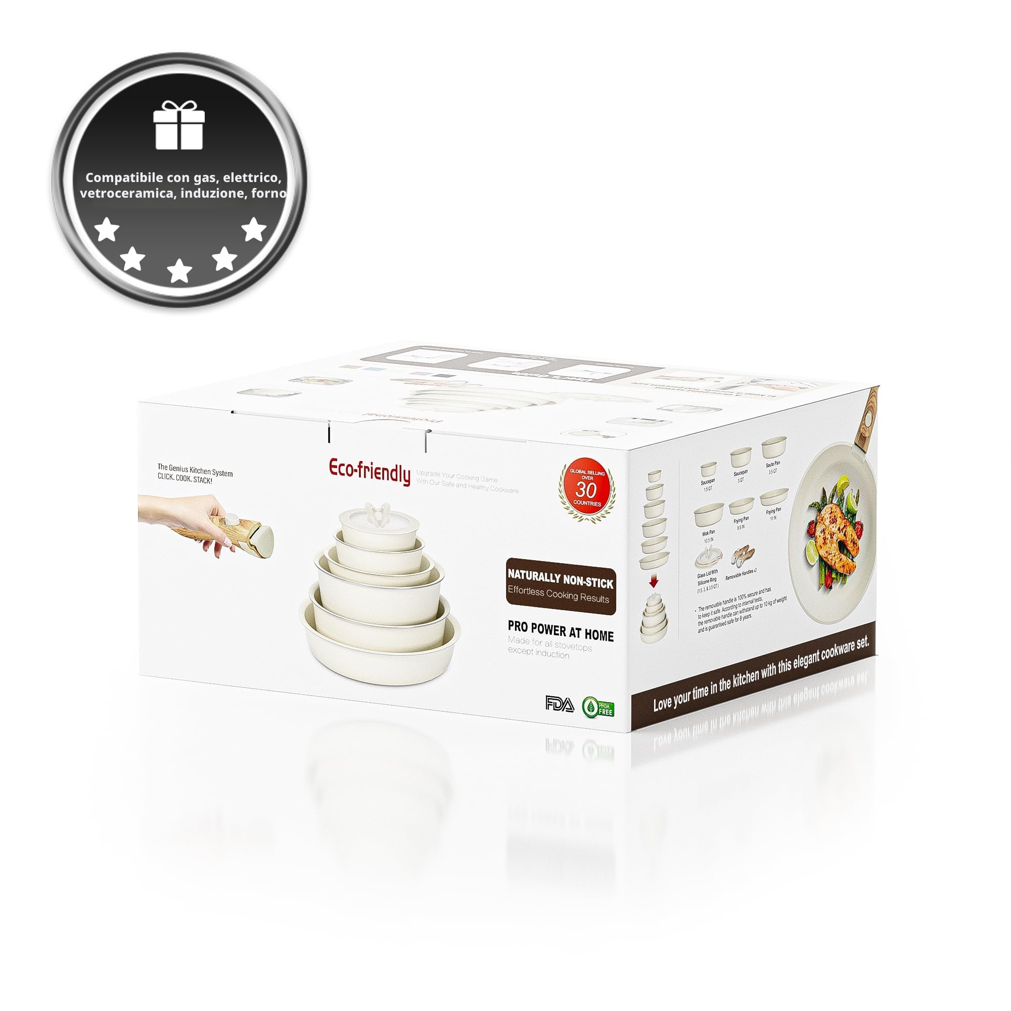 RIOVARM Induzione Set di pentole e padelle con manici staccabili, Impilabile Antiaderente Ceramica Set di pentole con coperchi, Salvaspazio Set di utensili da cucina Senza PFOA, Padella, Casseruole