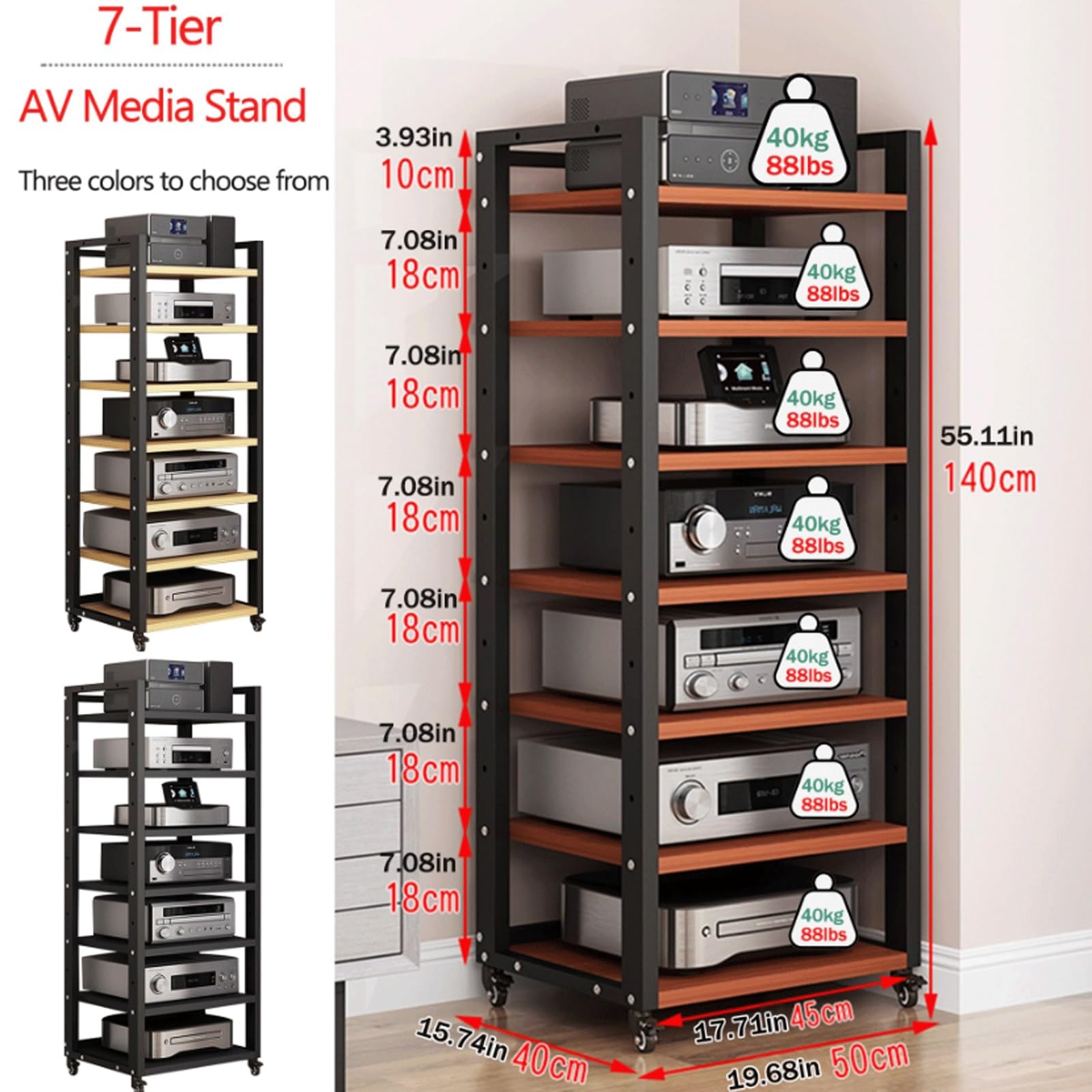 Supporto multimediale regolabile con ruote per giradischi mobili, per DVD, CD, audio, console per videogiochi, per casa, ufficio, soggiorno, naturale, 7 ripiani