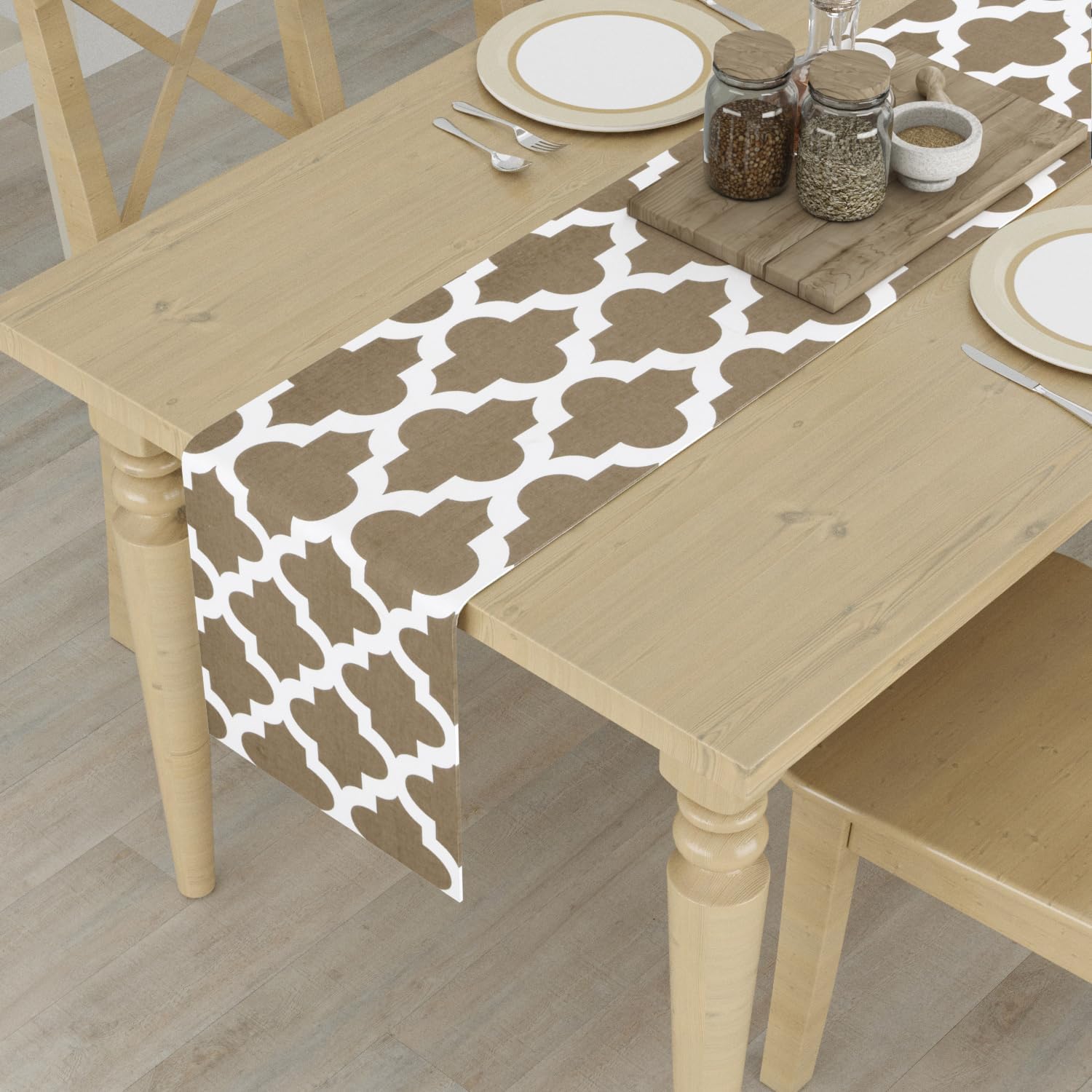 HOMEMONDE Cotton Center Table Runner 6 Seater 12 x 72 Inch - Quatrefoil Print Dining Table Runners, Grey