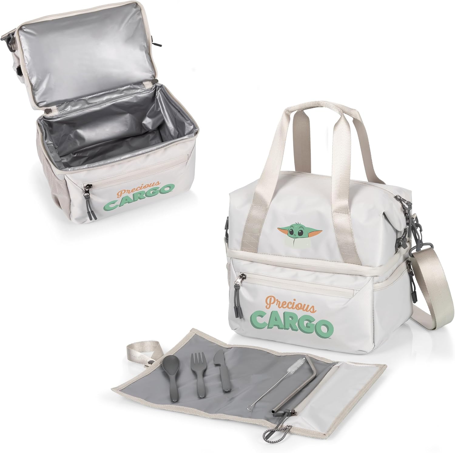 Picnic TIME Star Wars The Mandalorian Grogu Tarana Insulated Lunch Bag, Recycled Fabric Lunch Box with Picnic Set, Expandable Cooler Tote with Utensils and Straw, Halo Gray (Halo Gray)