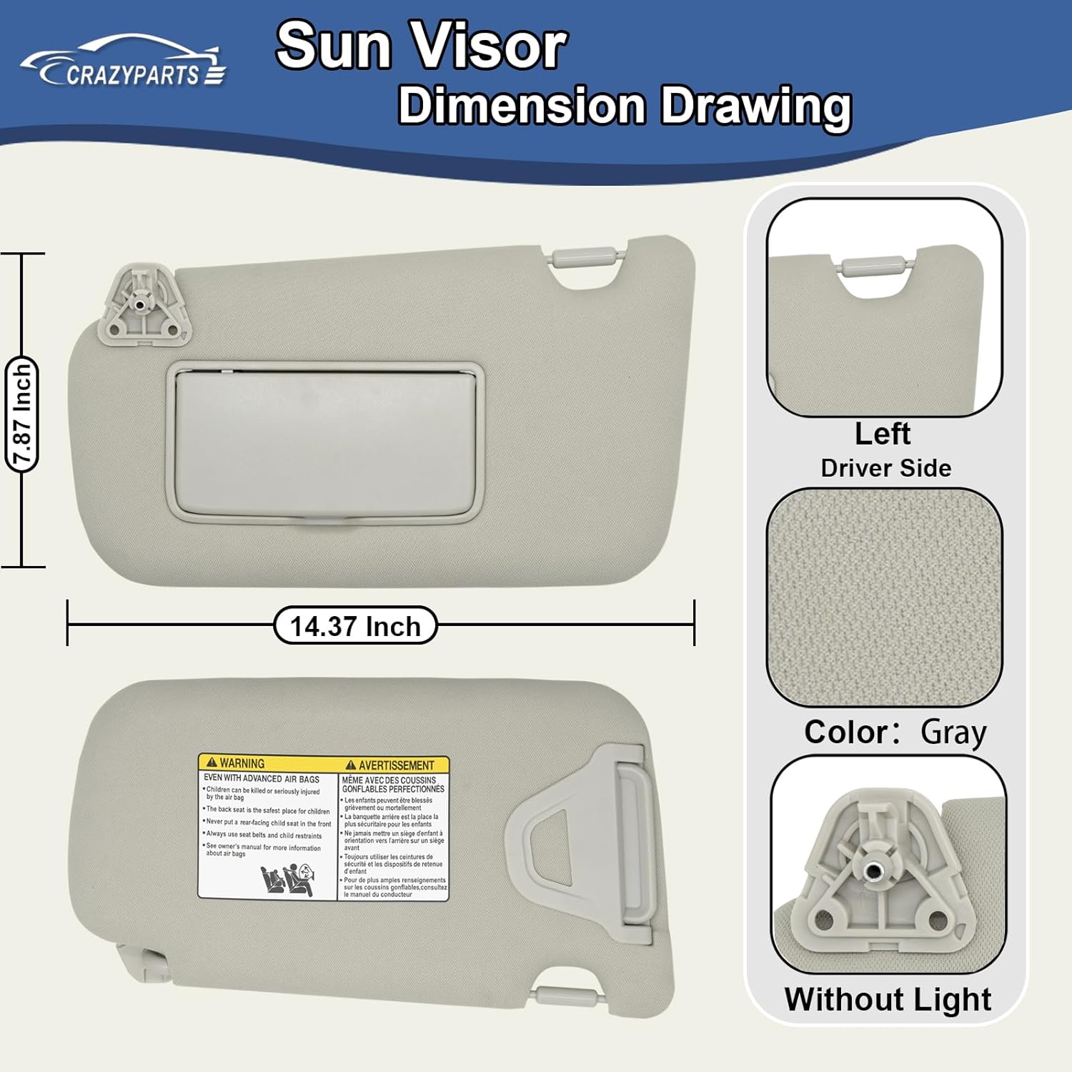 Driver Side Sun Visor Compatible with Nissan Sentra 2013-2019 Sun Shade Without Light Replacement 96401-4AT7A Color: Gray