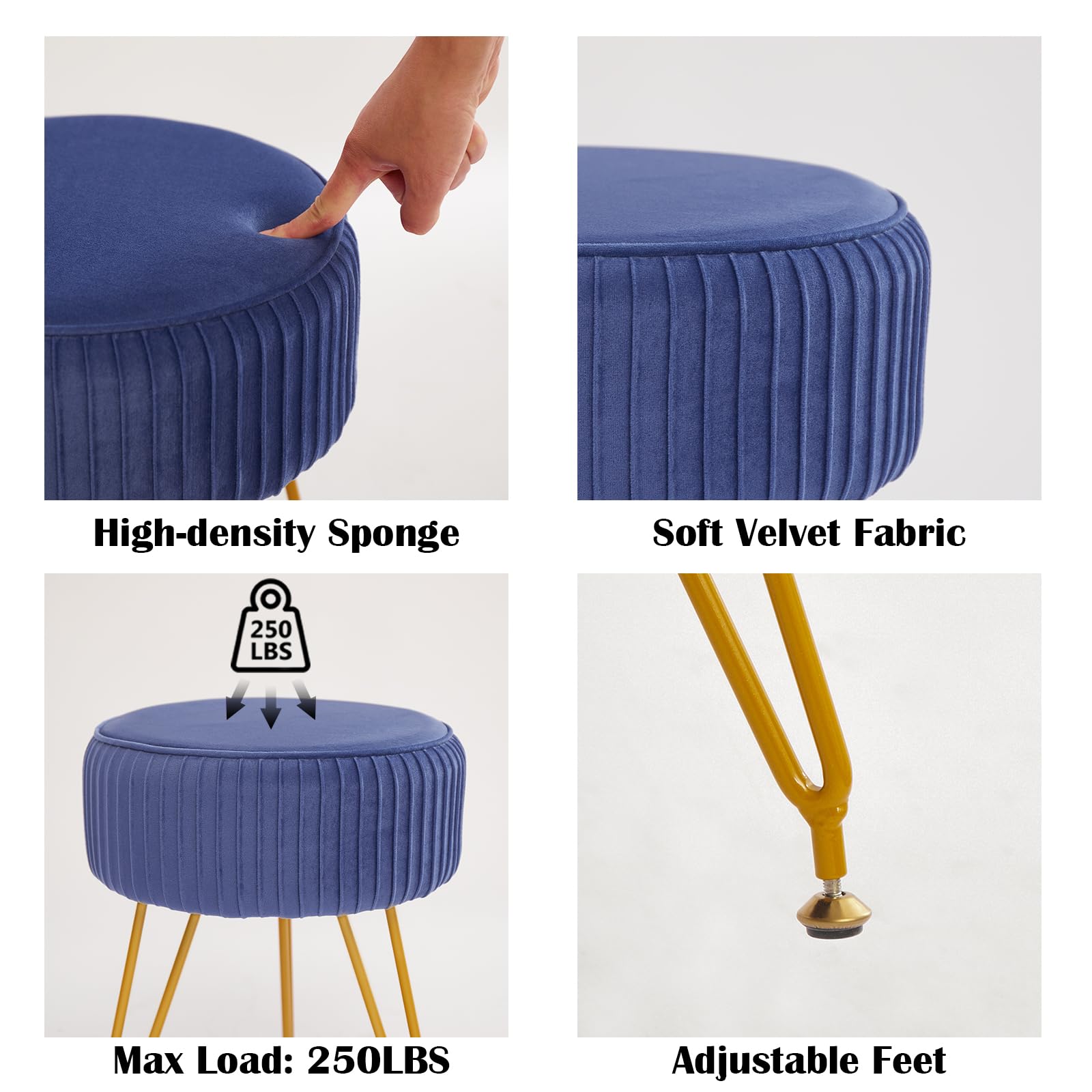 Velvet Round Vanity Stool, Modern Ottoman Foot Rest with Adjustable Golden Legs, Makeup Chair for Vanity, Washroom, Bedroom, Dark Blue
