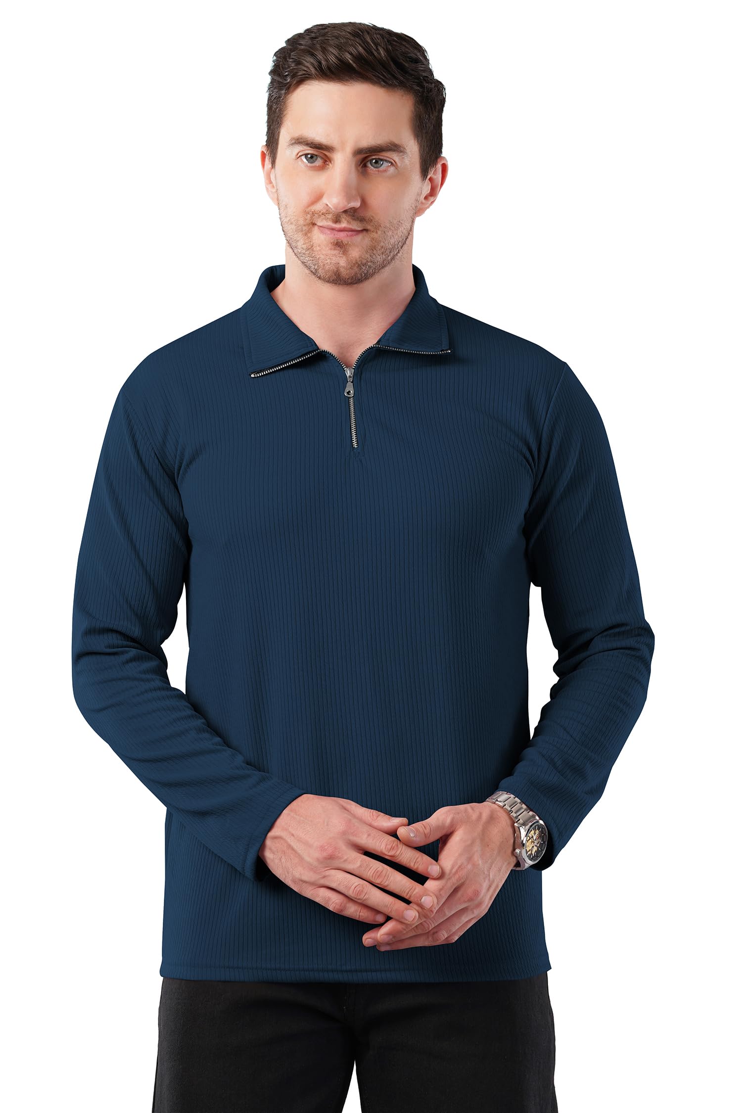 kajaru Men's Quarter Zip Pullover T-Shirt, Cable Knit Pattern, Full Sleeve-picture-20