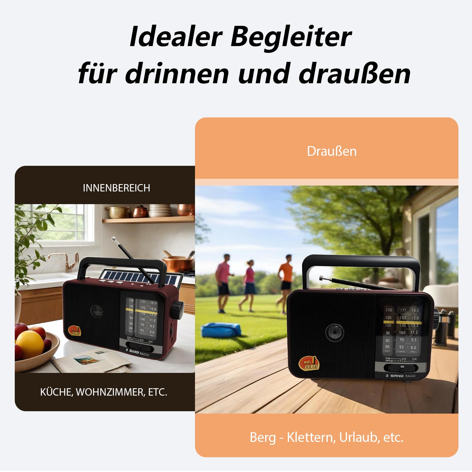 Bluetooth Radio mit Solarzelle, AM/FM/SW Kofferradio mit 1200-mAh-Akku, 8-W-Lautsprecher, USB/TF/TWS, tragbar für Küche, Garten und Camping (Red)