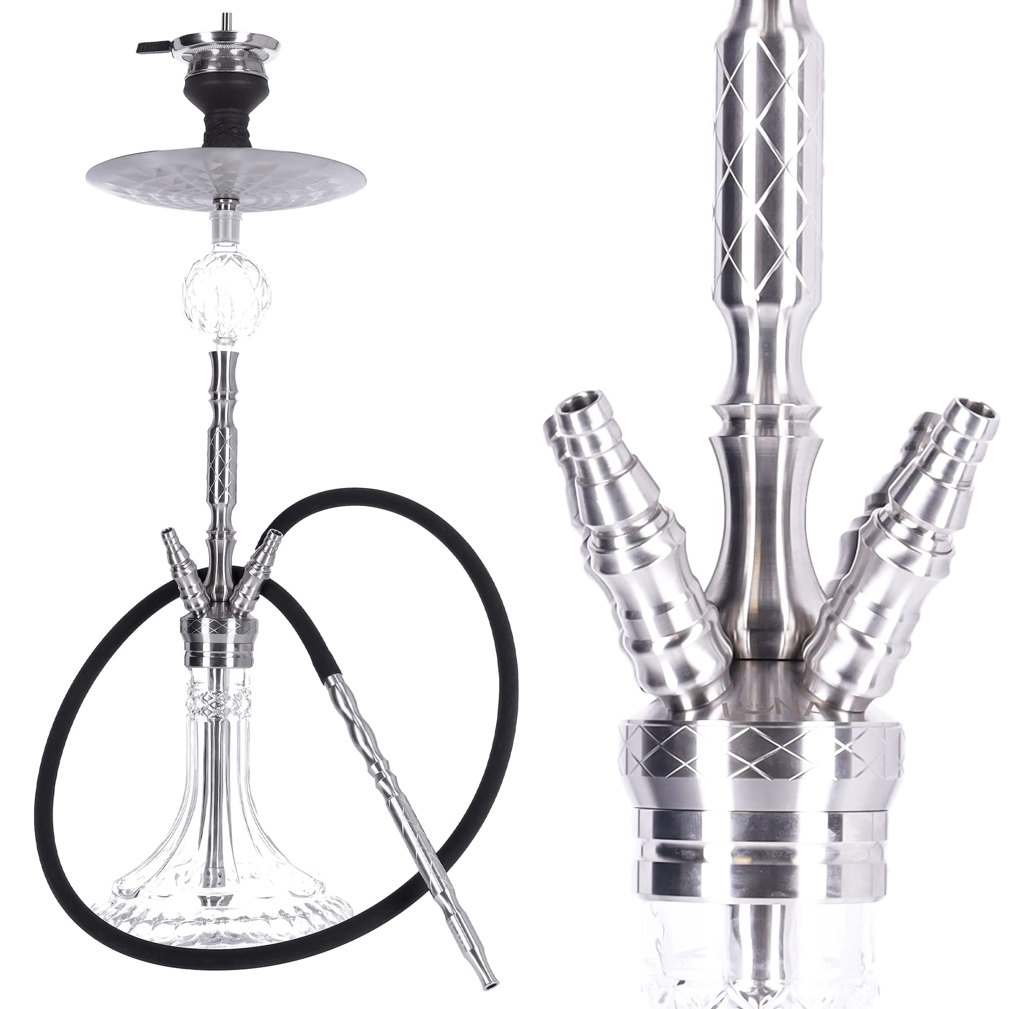 LUNA HOOKAH Shisha Premium | Pipa de agua | Juego completo de 4 mangueras, conexión de elegante diseño, incluye manguera, boquilla, alicates, cabezal de piedra, difusor – accesorio para chimenea –