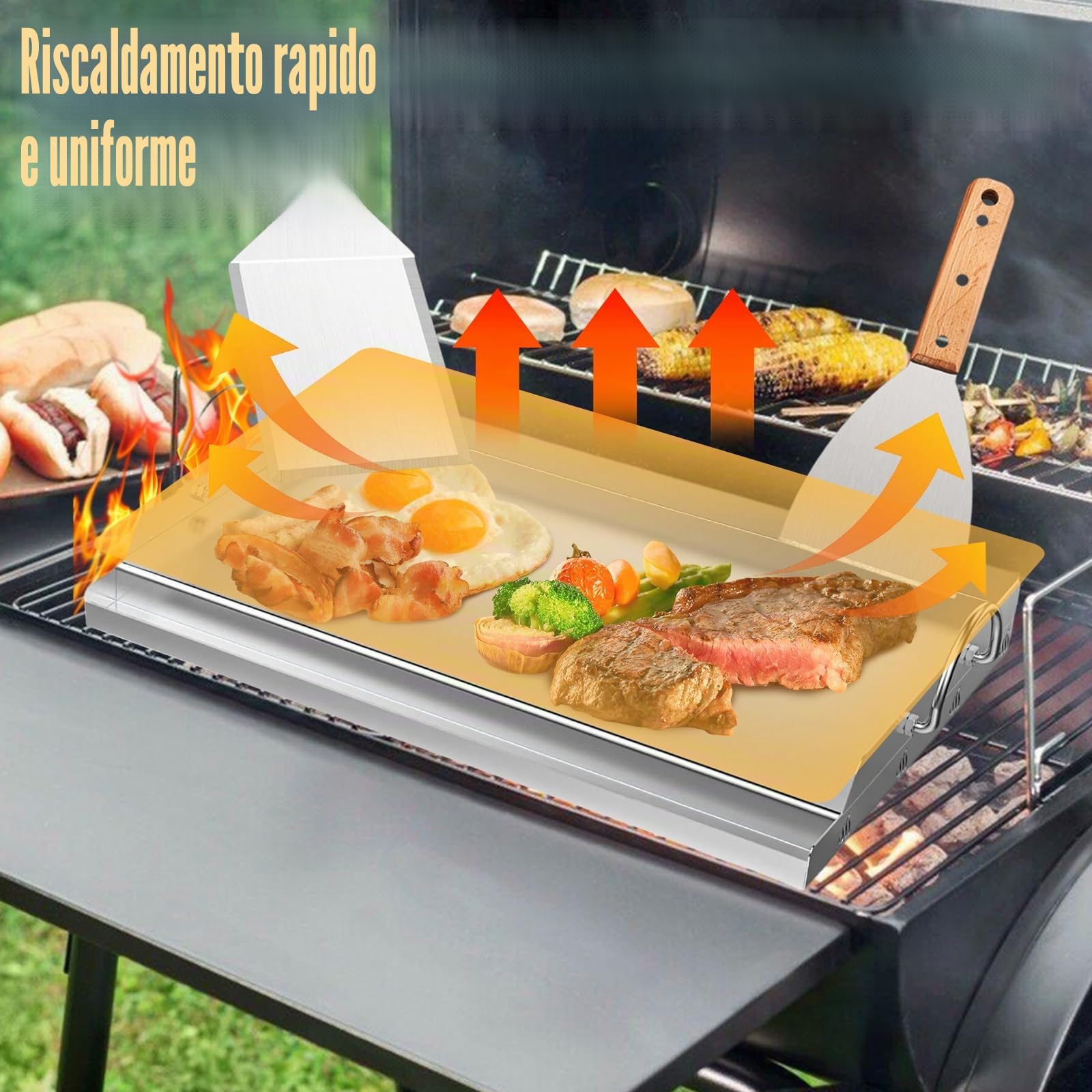 Plancha - Set di piastre per barbecue, 58 x 40 cm, con spatola e raschietto per barbecue, in acciaio inox con protezione antiscottatura e spatola per grigliare con manico in legno per barbecue a gas
