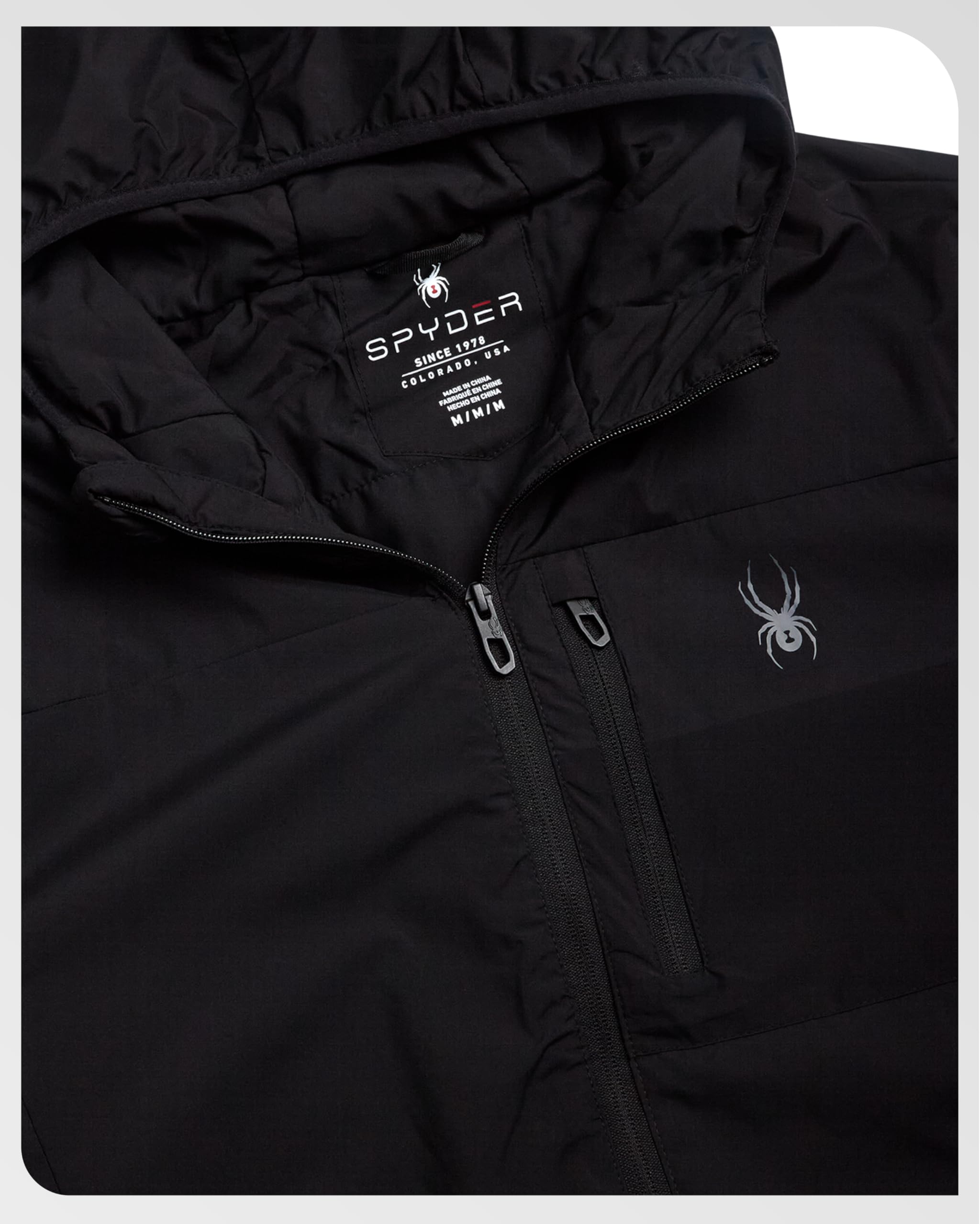 Spyder Chaqueta cortavientos para hombre, ligera, aislante, resistente al agua, con cremallera, con capucha, cortavientos para hombre