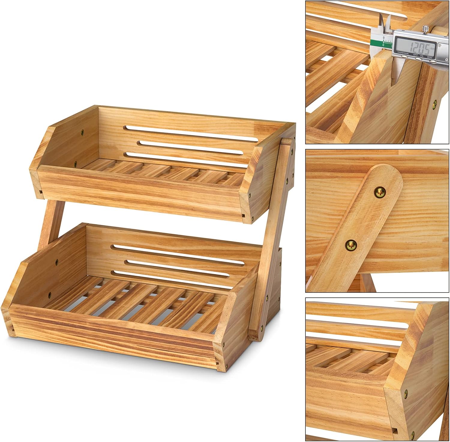 Merysen 2 Tier Wooden Fruit Basket For Kitchen, Bread Vegetable Fruit Basket Bowl Stand, Farmhouse Fruit Bowl for Countertop, Large