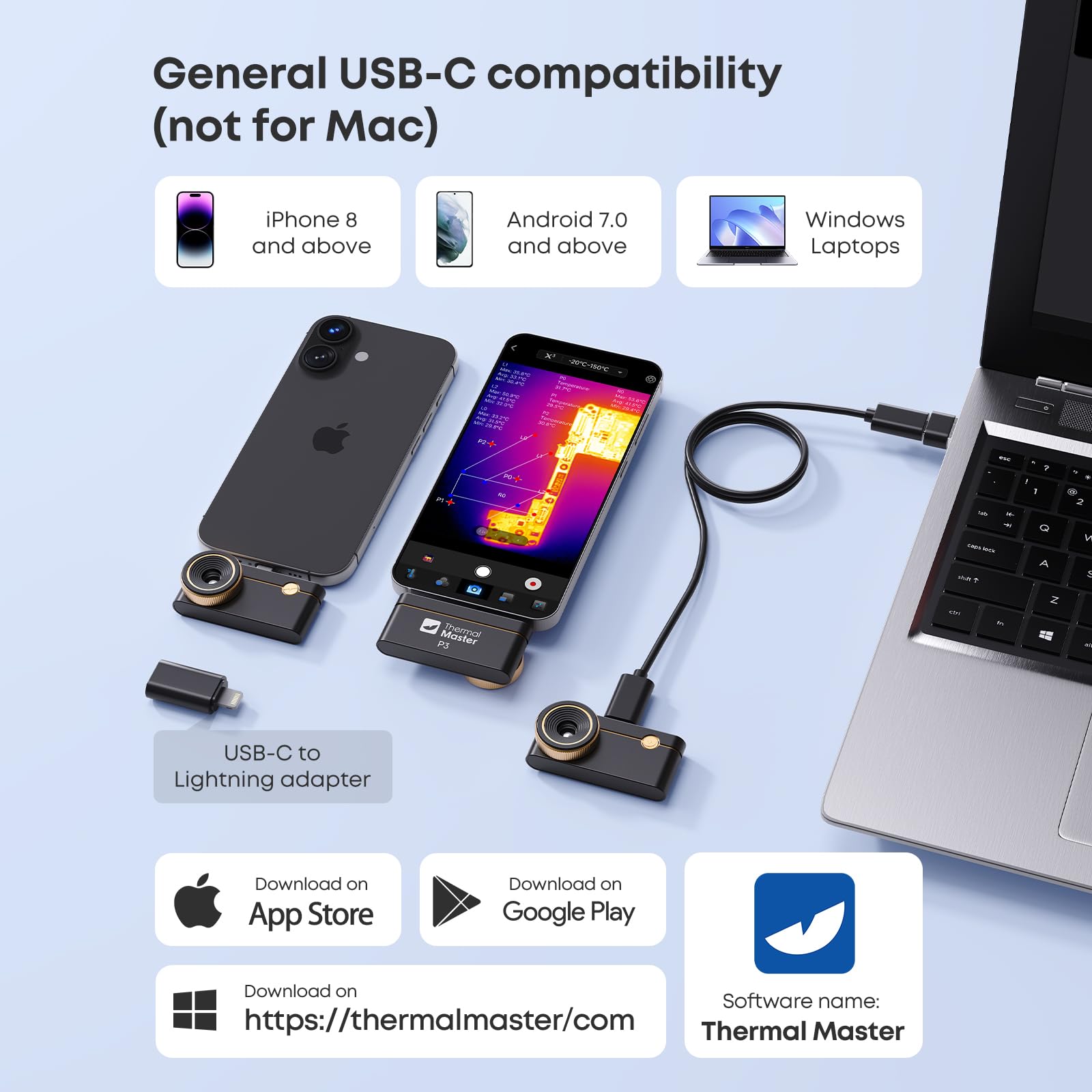 P3 Kamera Termowizyjna do Smartfona Android i iPhone, Podczerwień 512x384 X³IR z Obiektywem Makro 8mm, Detekcja Wycieków 1mA dla PCB, -20°C do 600°C, Zoom 15x, Narzędzie dla Elektroniki i HVAC