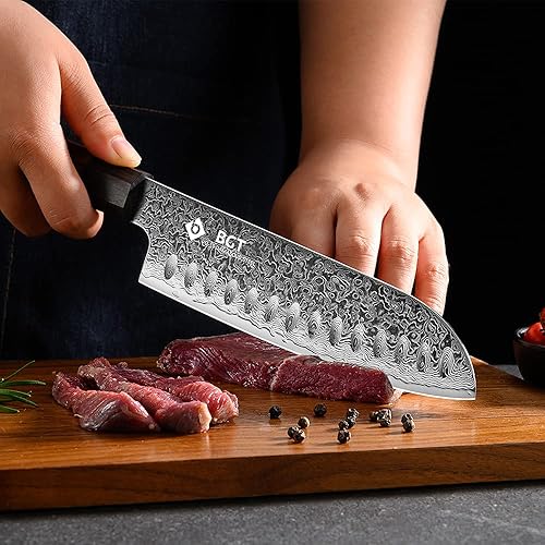 Vista 3 de BGT Cuchillo Santoku de 7 pulgadas, cuchillo de chef japonés afilado, cuchillo de cocina japonés VG10 de 67 capas de acero de Damasco con mango