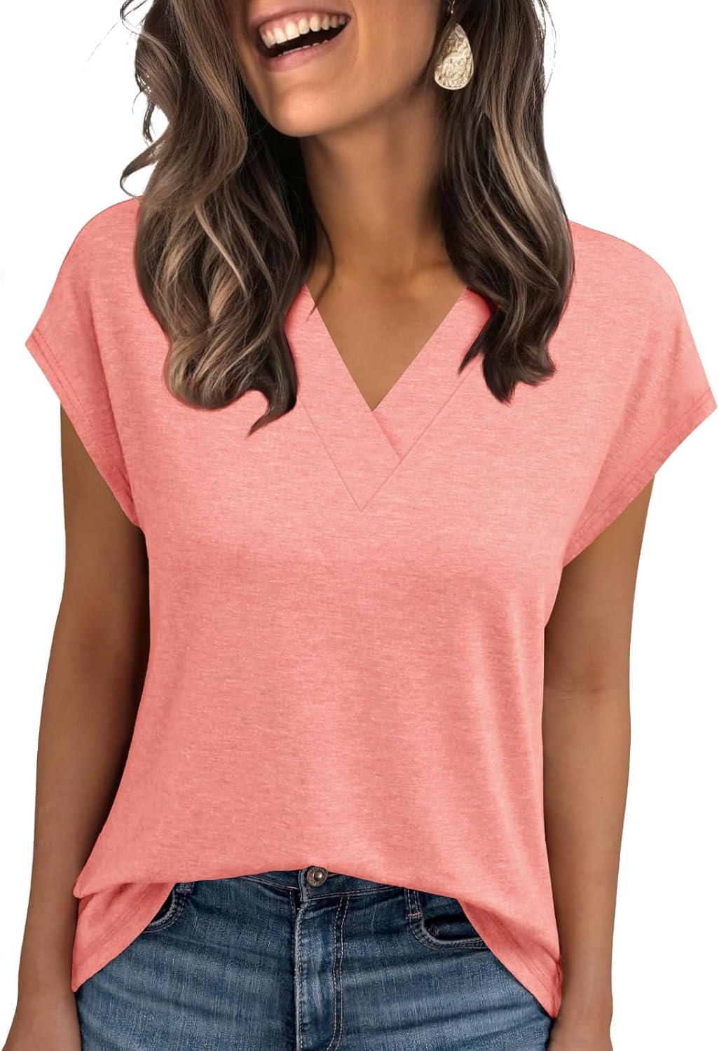 Womens Summer Tops Casual Spring V Neck T Shirts Cap Sleeve Basic Trendy Blouses Beach Vacation Clothes Fashion Outfits 2026