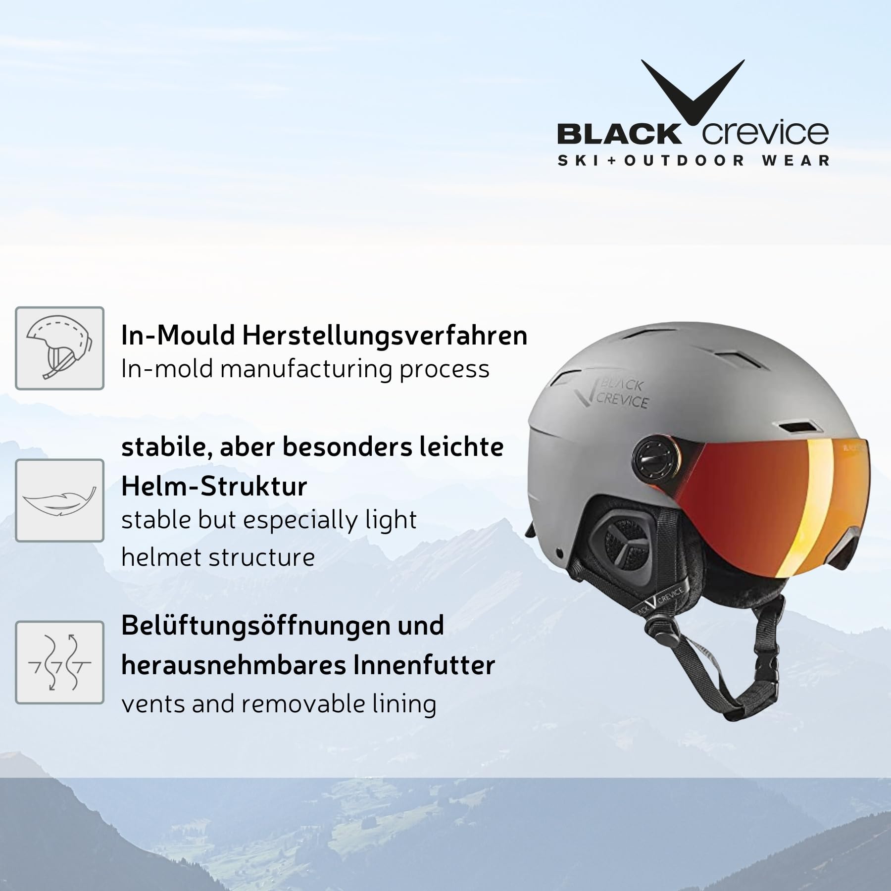 BLACK CREVICE Visière de rechange avec protection complète I Visière de rechange pour casque de ski Arlberg & Gstaad & Saalbach & Silvretta I 5 couleurs I Visière de casque de ski avec revêtement