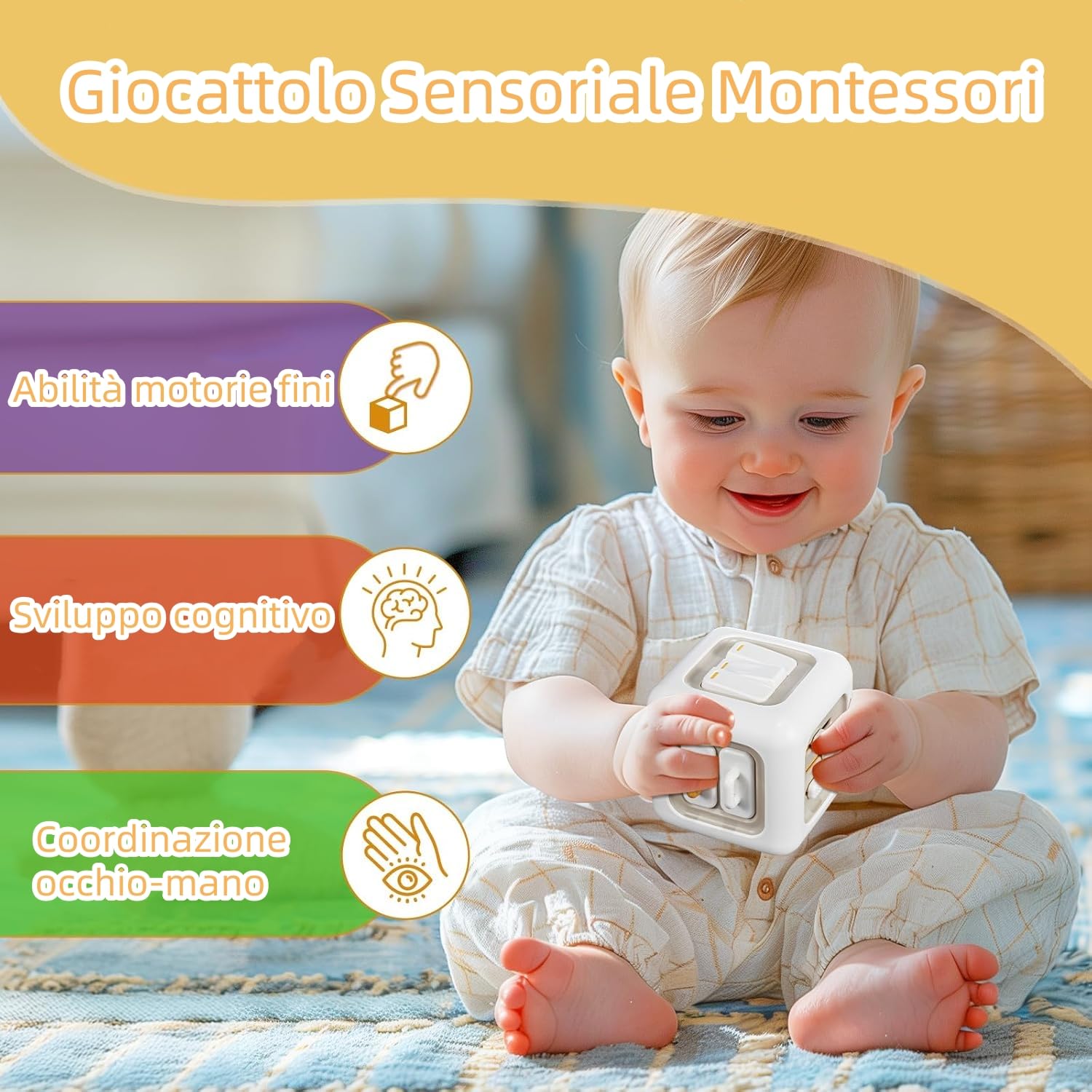 VORENUS Cubo attività 6-in-1 Montessori | Giocattolo Sensoriale Educativo per Bambini 1-3 Anni 12+ Mesi per Sviluppo Cognitivo e Motorio