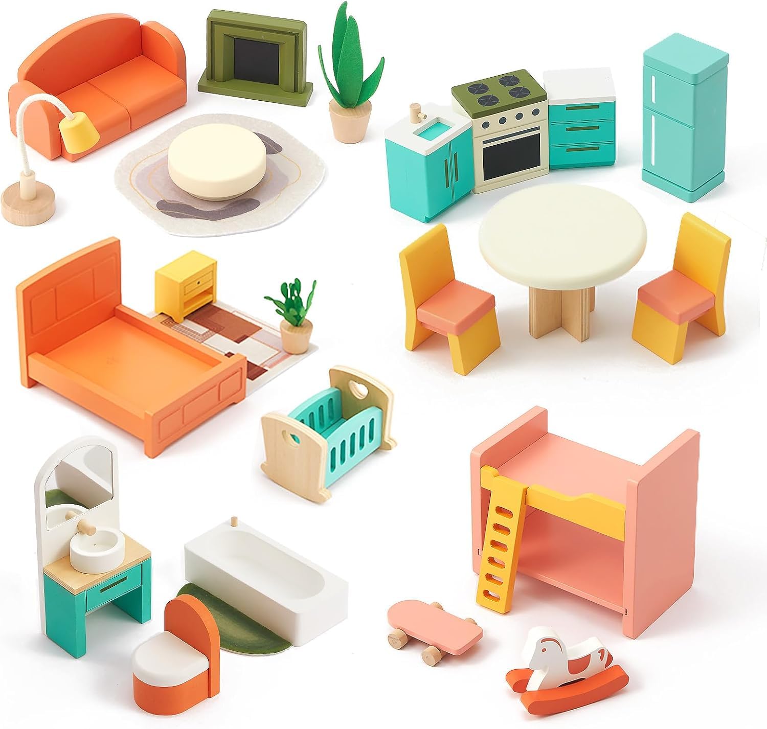 Giant bean 26 Pcs Large Wooden Dollhouse Furniture 5 Set for Kitchen, Living Room, Bedroom, Bathroom, Babyroom, Candy Dollhouse Accessories & Furniture Toy for Girls Boys Kids 3+The Forest Stewardship Council