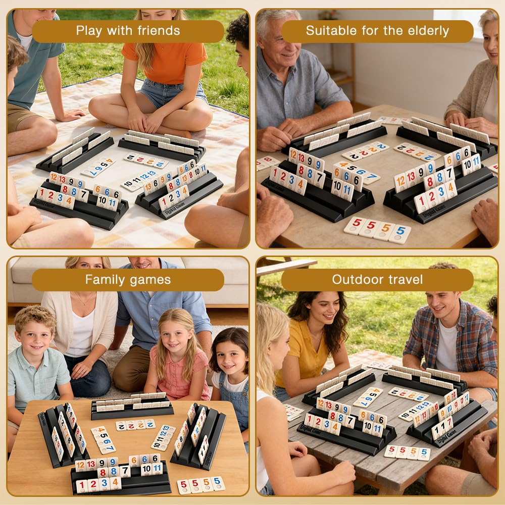 Mineup Rummy Gioco da Tavola, Rummy Okey Con Numeri, 114 pezzi e 4 supporti, Gioco Da Tavolo Strategia, Gioco da Tavolo Rummy in Legno per 2-4 giocatori, adulti e famiglie
