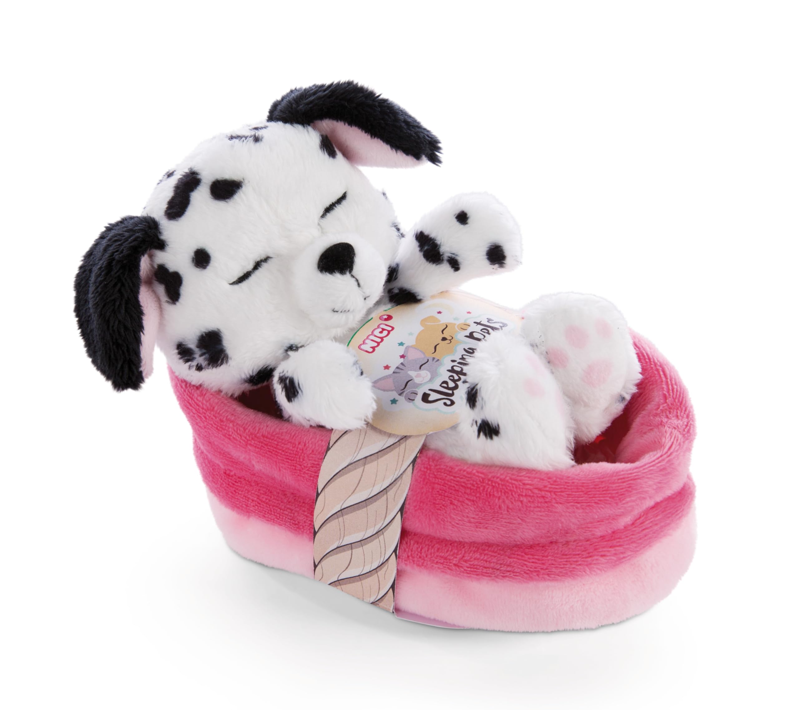 NICI Soft Toy Dog in Basket 12 cm – Sleeping Pets Cuddly Toy Dalmatian for Girls, Boys & Babies – Fluffy Stuffed Animal to Cuddle, Play & Sleep With – Cosy Plush Animals