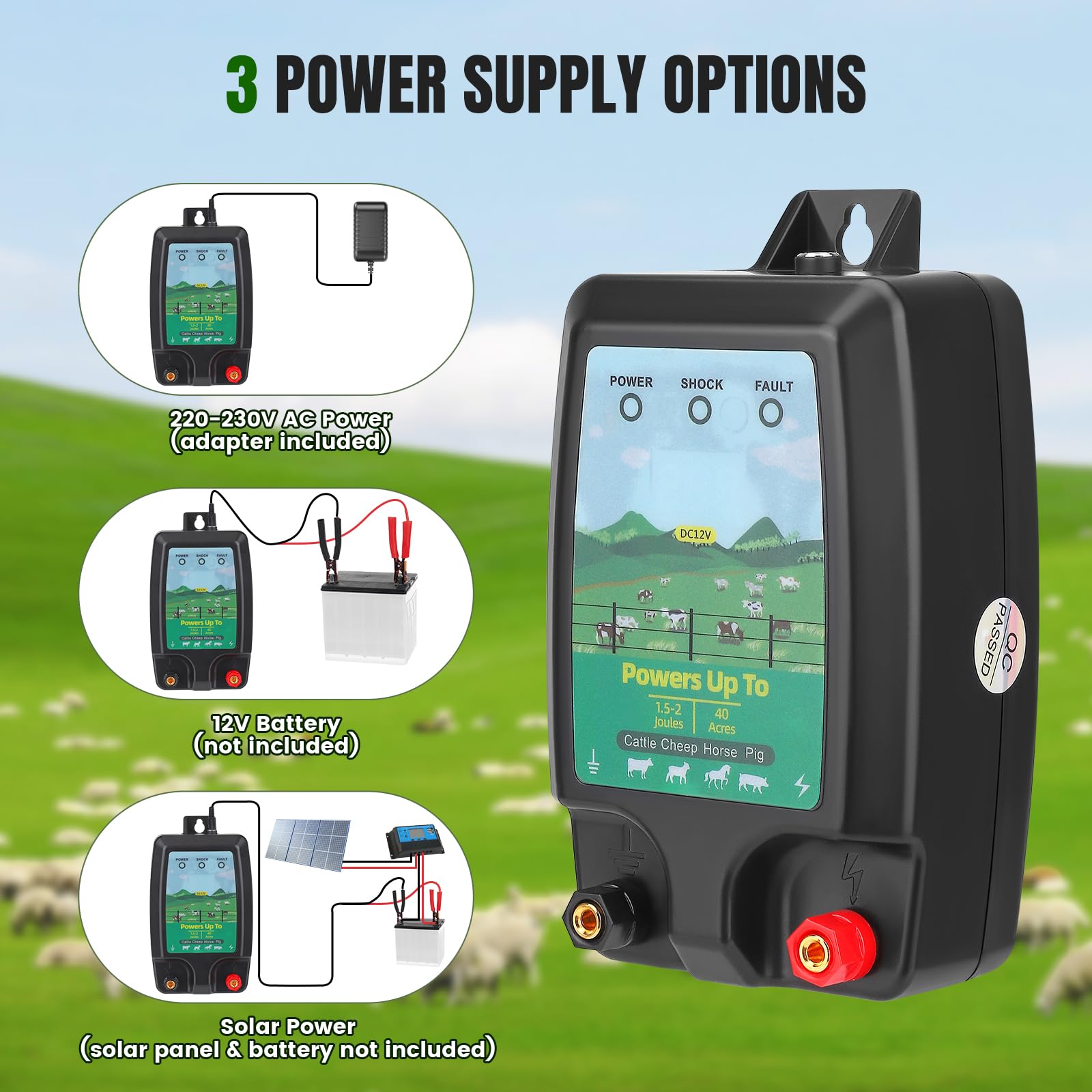 Energizador de Cerca eléctrica GJCrafts, Alcance de 10 km, 1,5-2 J - Energizador de Cerca eléctrica para Ganado y Mascotas - Triple alimentación (230 V/12 V/Solar) - Resistente al Agua IP45 - Incluye