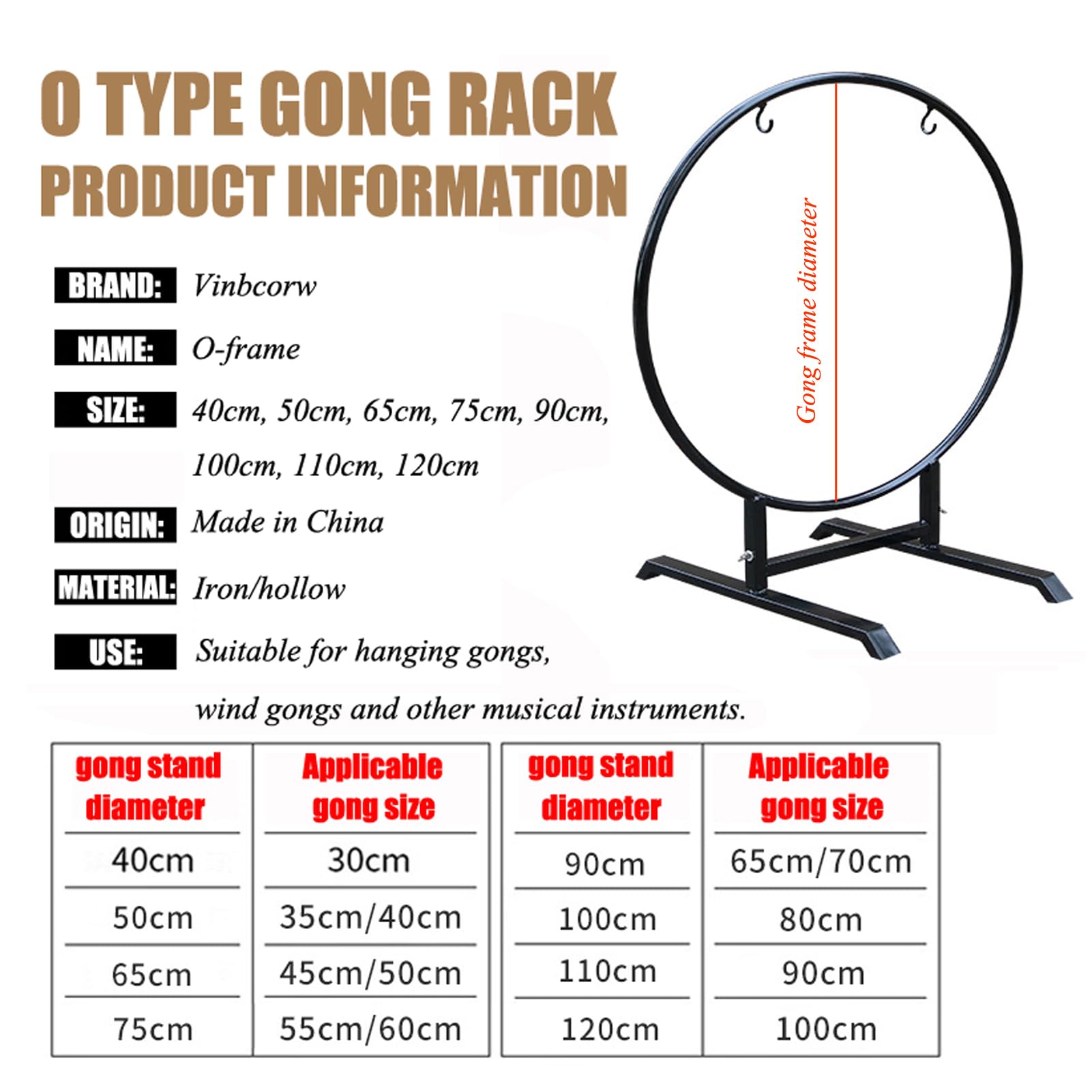 50cm, Soporte de Gong Grande, Estante para Gong, Marco de Gong con Estructura en O, es el Accesorio Gong, Hay Diferentes tamaños para Elegir