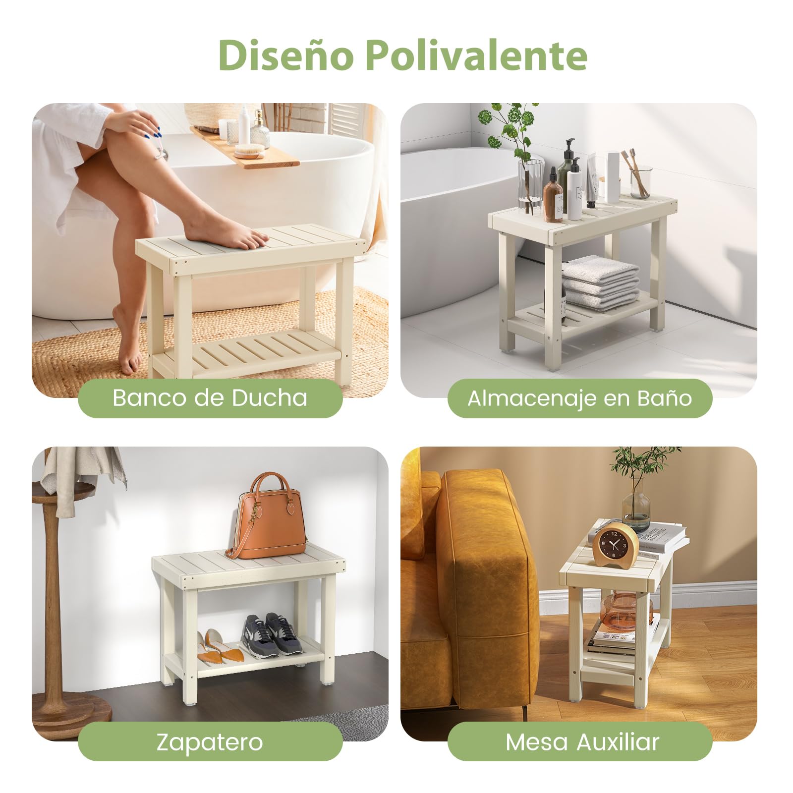 GOPLUS Taburete de Ducha de 2 Niveles, Taburete de Ducha con Estante para Baño, SPA y Afeitado de Piernas, Color Blanco y Marrón (61 x 31 x 49 cm) (Blanco)