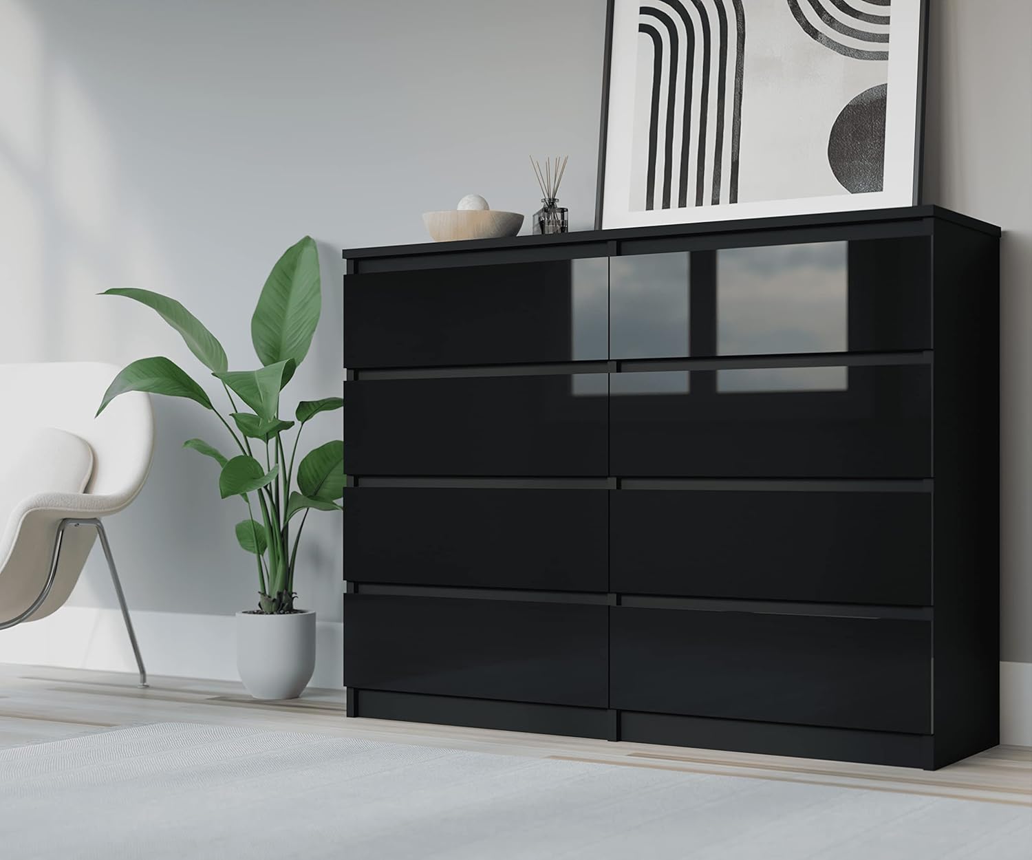 Kommode 140 cm mit 2 Türen und 3 Schubladen in Schwarz - Modernes Kommode 140 cm mit 2 Türen und 3 Schubladen in Schwarz - Modernes