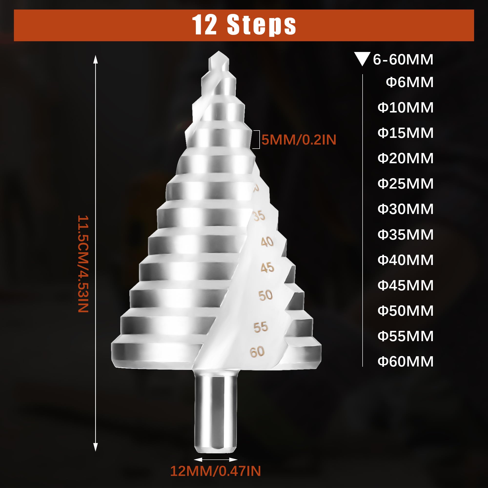 JIZZU Foret Fraise Meche Etage Ø 6-60mm, Triangle Conique Titane Fraise Etage Metal, Tige Hexagone, Parfait pour Visseuse sur Métal Acier, Bois, Laiton, Aluminium, Plastique
