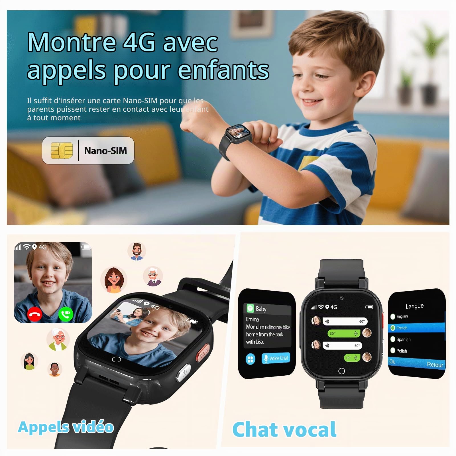 Montre Connectée Enfant-Smartwatch avec 4G Appel GPS Vidéo Chat SOS Jeux | Podomètre Mode Classe Réveil-Montre Enfants pour Garçons Filles 5-13 Ans Noir