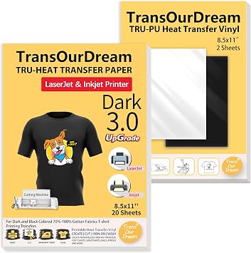 TransOurDream Iron on Heat Transfer Paper for Dark Fabric 20+2 Sheets, 8.5x11" Printable Iron on Transfers for Inkjet Printer & Laserjet Printer, Heat Transfer Vinyl for T Shirts D3-BW-22