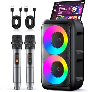 Peski Portable Karaoke Machine for Adults & Kids: Bluetooth Speaker w/ 2 Wireless Rechargeable Mics, TWS Stereo, LED Lights, 10H Battery PA System for Parties (Black)