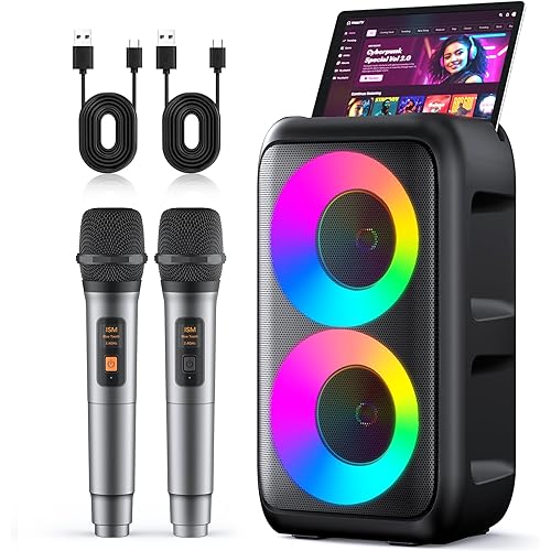 Karaoke Machine for Adults Kids, Portable Bluetooth Speaker with 2 Wireless Microphones, TWS Mode & LED Light, 10H Battery PA System, Home Party Outdoor Camping Birthday Gifts (Black)