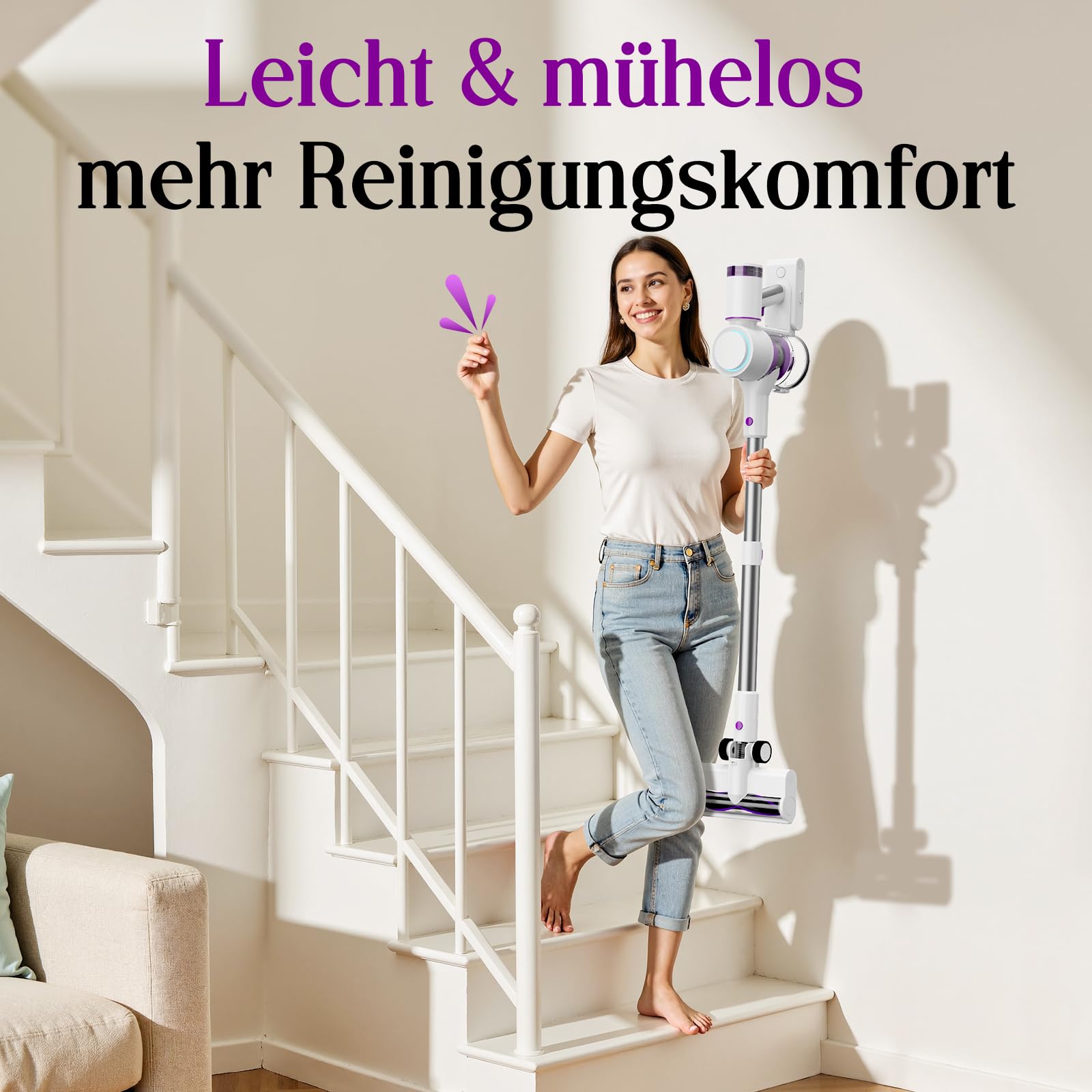 Akku Staubsauger 45000Pa, 60Min, nur 1,75 kg, 6-in-1 Staubsauger Kabellos mit Touchscreen, LED-Leuchten, Anti-Tangle-Bürste & Ladestation, 7-Schicht-Filtration für Tierhaare, Teppiche, Hartböden, Auto