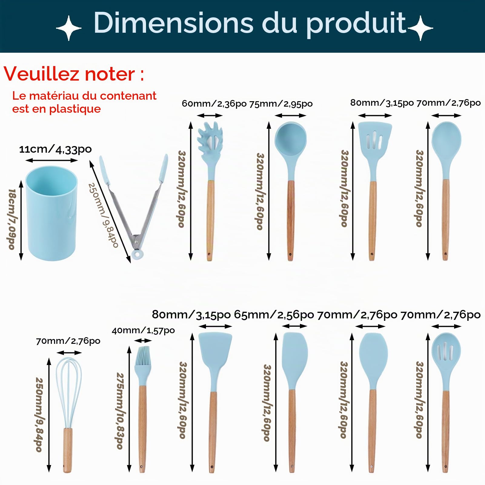 Ensemble d'ustensiles de cuisine 12pcs, ensemble d'ustensiles de cuisine en silicone bleu clair ustensile de cuisine antiadhésif avec manche en bois ustensiles de cuisine en silicone